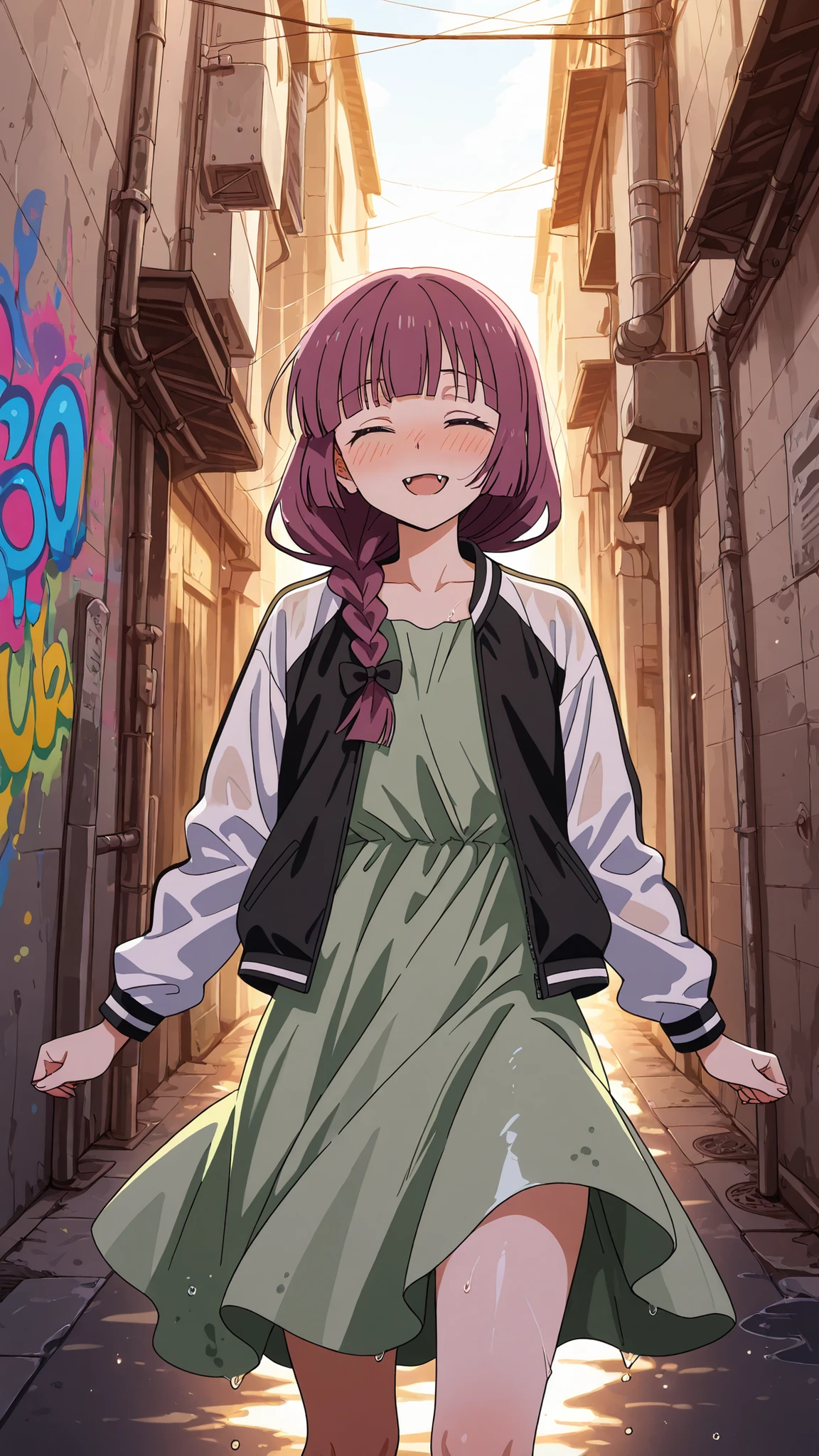 BREAK (masterpiece:1.2),highly detailed realistic anime background, narrow urban alley, daylight scene with wet reflective asphalt, colorful graffiti on concrete walls, small puddles with bright sky reflections, metallic pipes and vents, warm sunlight breaking through clouds, subtle lens bloom and light flares, cinematic perspective, deep contrast and vibrant highlights, AMOLED lighting style, SDXL realism, ultra high quality, no people, kikuri hiroi, black bow, blunt bangs, braid, closed eyes, purple eyes, fang, hair bow, hair over shoulder, long hair, purple hair, sidelocks, single braid, fangs,black jacket,collarbone, dress, green dress, jacket, long sleeves, open clothes, open jacket, raglan sleeves,white sleeves,faint blush from warm sunlight,soft reflections underfoot
,looking at viewer,cowboy shot,wide-angel,floating hair,blush,smooth legs, gentle curves,smile,blush,