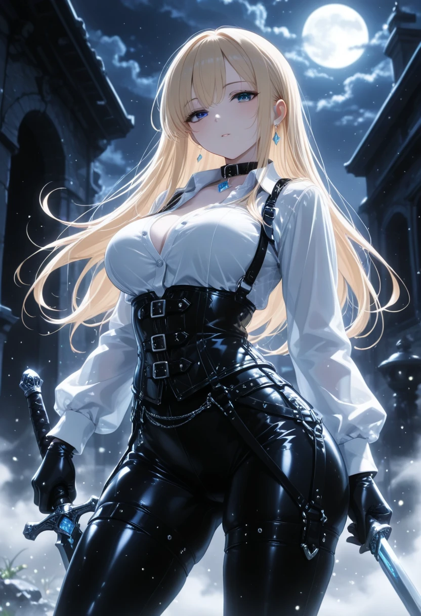 ((blood droplets)), ((blood)), ((blood splatter)), ((blood on clothes)) ((blood stain)), Masterpiece, Superior image quality, high resolution, 4k image,photo and gross, photorealistic, whole body, Torn clothes,  1 young blonde of 15 years, fighting pose, {{{vagina}}}, big breasts, beautiful face, Long blonde hair, blue eyes, very detailed eyes, serious expression, choker:1.6, (white collar button down long sleeve shirt), black gloves, gloves that cover hands, (wields a sword in his right hand), (black leather corset), (shiny black leggings), Sensual Lips, show details in the eyes, View from the front, looking at the viewer, standing on the shore of a lagoon, gloomy lagoon, Atmosphere, crimson sky