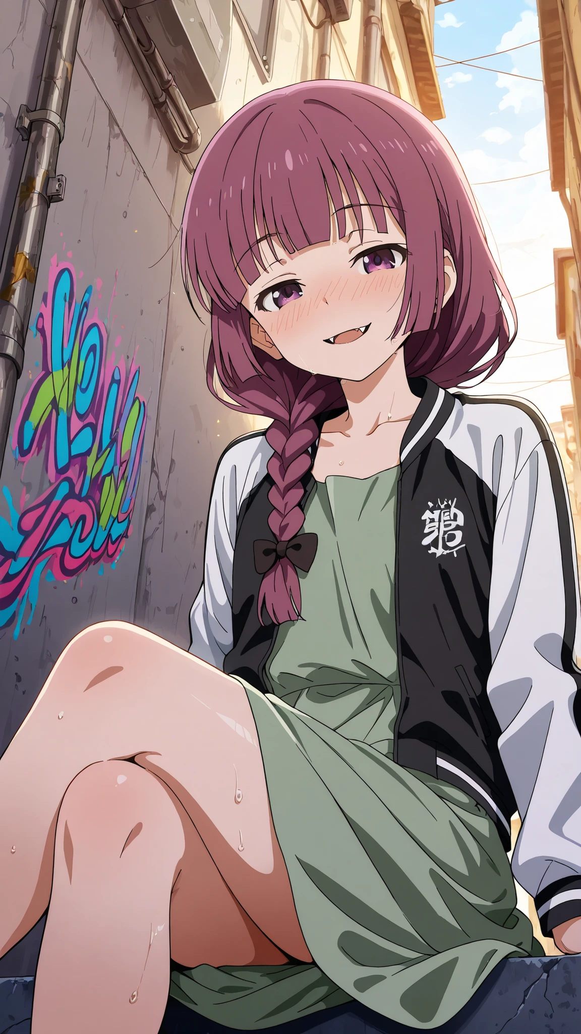 BREAK (masterpiece:1.2),highly detailed realistic anime background, narrow urban alley, daylight scene with wet reflective asphalt, colorful graffiti on concrete walls, small puddles with bright sky reflections, metallic pipes and vents, warm sunlight breaking through clouds, subtle lens bloom and light flares, cinematic perspective, deep contrast and vibrant highlights, AMOLED lighting style, SDXL realism, ultra high quality, no people,kikuri hiroi, black bow, blunt bangs, braid, closed eyes, purple eyes, fang, hair bow, hair over shoulder, long hair, purple hair, sidelocks, single braid, fangs,black jacket,collarbone, dress, green dress, jacket, long sleeves, open clothes, open jacket, raglan sleeves,white sleeves,,,faint blush from warm sunlight,
,looking at viewer,portrait shot,portrait,face close-up,floating hair,blush,smile,sitting gracefully, seductive pose, crossed legs, slightly arched back, soft gaze, high detail, 4k illustration,sitting on edge of roof, from below,
