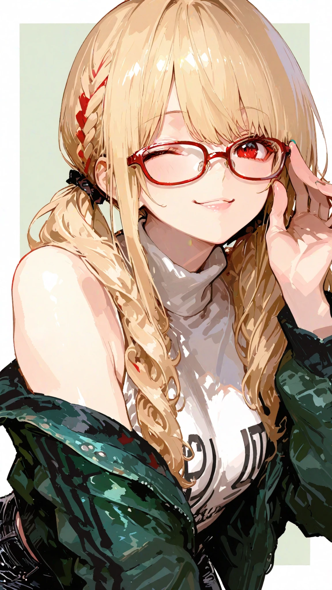 European girl portrait,alone,20-year-old,Beautiful Face,Hair on one eye,Medium Sidecut, Blonde, Sharp focus,White tank top,Blue shorts,(((Glasses))),Eating a cream-filled pastry, Sticking out ,A delicious smile