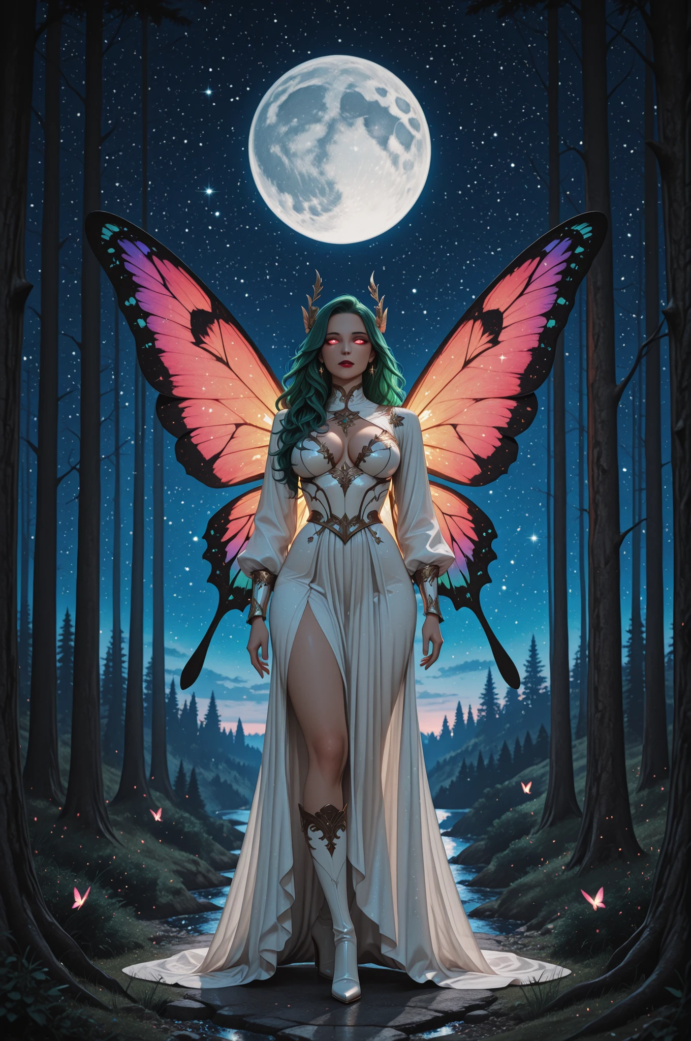 aidmaMJ6.1,x3rno1a,,a picture of an exquisite beautiful female fairy standing under the starry night sky at the forest, ultra detailed face, ultra feminine, fare skin, green hair, wavy hair, dynamic eyes color, glowing eyes, intense eyes, red lips, wearing white armor dress, colorful butterfly wings, wearing high heeled boots, sky full of stars background, moon, beat details, best quality, 8k, [ultra detailed], masterpiece, best quality, (ultra detailed), full body, ultra wide shot, photorealism, fantasy art,  Larry Elmore style,
