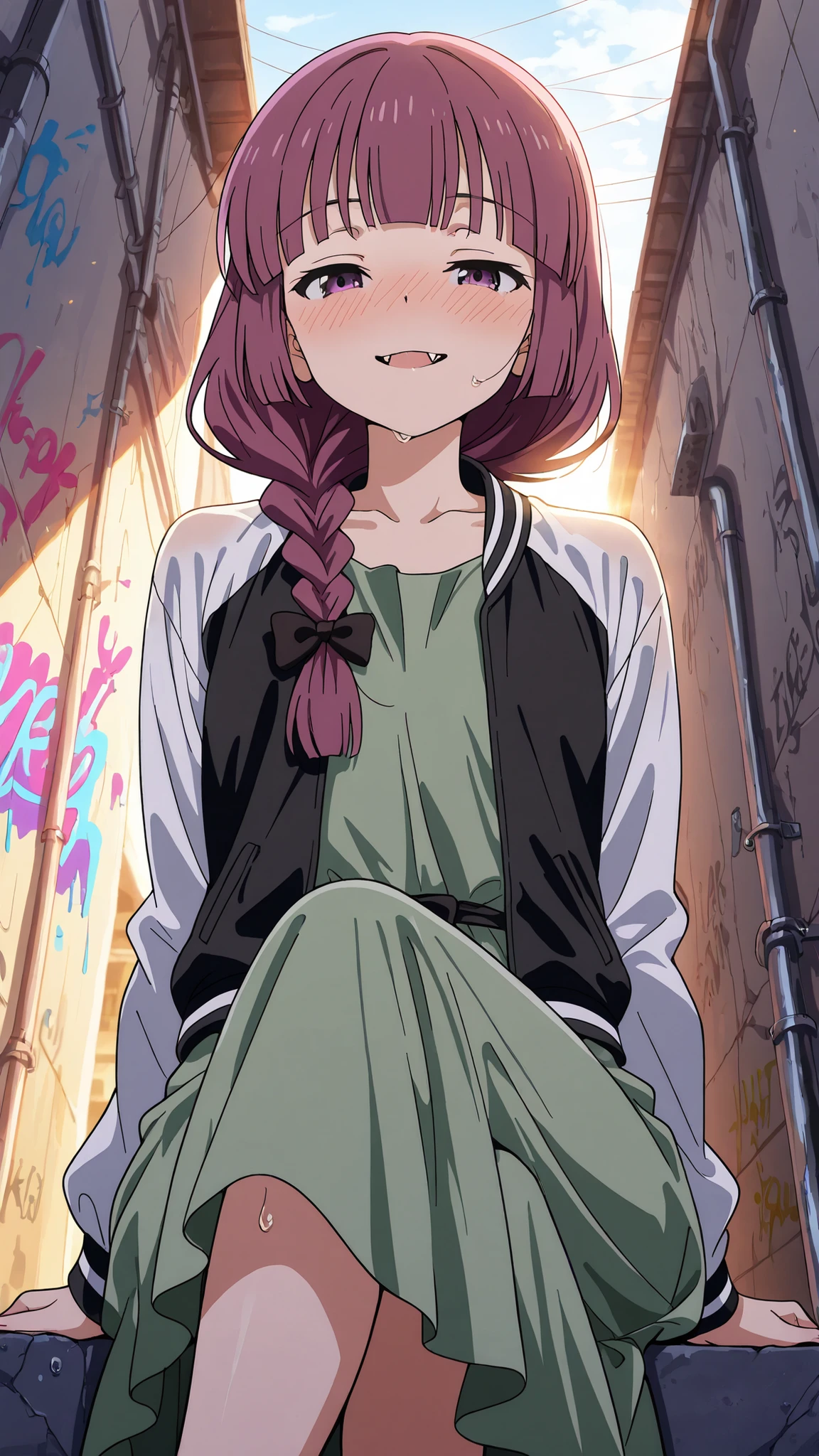 BREAK (masterpiece:1.2),highly detailed realistic anime background, narrow urban alley, daylight scene with wet reflective asphalt, colorful graffiti on concrete walls, small puddles with bright sky reflections, metallic pipes and vents, warm sunlight breaking through clouds, subtle lens bloom and light flares, cinematic perspective, deep contrast and vibrant highlights, AMOLED lighting style, SDXL realism, ultra high quality, no people,kikuri hiroi, black bow, blunt bangs, braid, closed eyes, purple eyes, fang, hair bow, hair over shoulder, long hair, purple hair, sidelocks, single braid, fangs,black jacket,collarbone, dress, green dress, jacket, long sleeves, open clothes, open jacket, raglan sleeves,white sleeves,,,faint blush from warm sunlight,
,looking at viewer,portrait shot,portrait,face close-up,floating hair,blush,smile,sitting gracefully, seductive pose, crossed legs, slightly arched back, soft gaze, high detail, 4k illustration,sitting on edge of roof, from below,