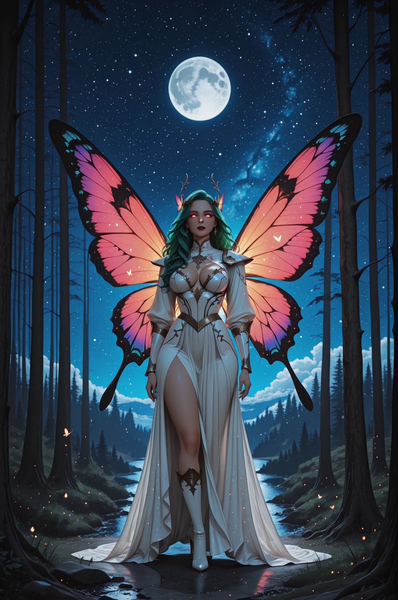 aidmaMJ6.1,x3rno1a,,a picture of an exquisite beautiful female fairy standing under the starry night sky at the forest, ultra detailed face, ultra feminine, fare skin, green hair, wavy hair, dynamic eyes color, glowing eyes, intense eyes, red lips, wearing white armor dress, colorful butterfly wings, wearing high heeled boots, sky full of stars background, moon, beat details, best quality, 8k, [ultra detailed], masterpiece, best quality, (ultra detailed), full body, ultra wide shot, photorealism, fantasy art,  Larry Elmore style,