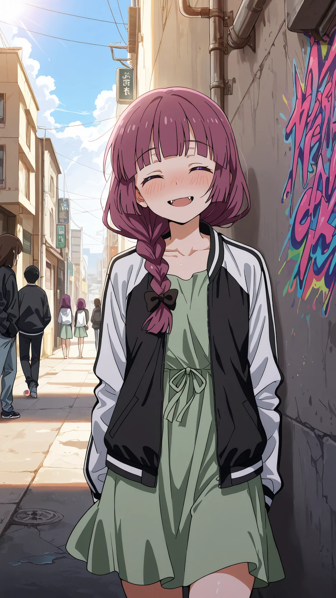 BREAK (masterpiece:1.2),highly detailed realistic anime background, narrow urban alley, daylight scene with wet reflective asphalt, colorful graffiti on concrete walls, small puddles with bright sky reflections, metallic pipes and vents, warm sunlight breaking through clouds, subtle lens bloom and light flares, cinematic perspective, deep contrast and vibrant highlights, AMOLED lighting style, SDXL realism, ultra high quality, no people,kikuri hiroi, black bow, blunt bangs, braid, closed eyes, purple eyes, fang, hair bow, hair over shoulder, long hair, purple hair, sidelocks, single braid, fangs,black jacket,collarbone, dress, green dress, jacket, long sleeves, open clothes, open jacket, raglan sleeves,white sleeves,faint blush from warm sunlight,soft reflections underfoot
,looking at viewer,cowboy shot,wide-angel,floating hair,blush,smooth legs, gentle curves,standing near wall,leaning on wall,from behind,back shot,blush,smile