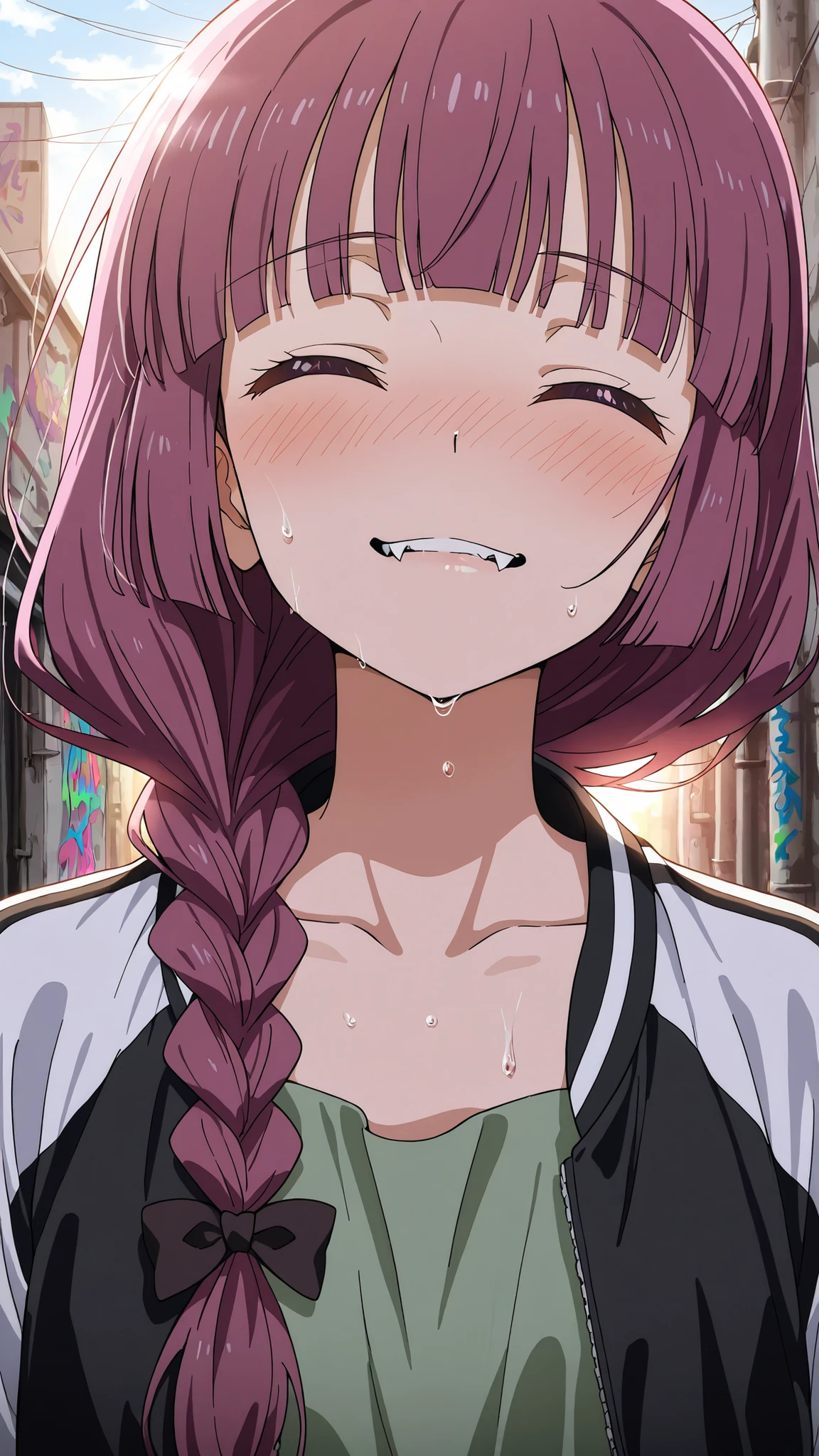 BREAK (masterpiece:1.2),highly detailed realistic anime background, narrow urban alley, daylight scene with wet reflective asphalt, colorful graffiti on concrete walls, small puddles with bright sky reflections, metallic pipes and vents, warm sunlight breaking through clouds, subtle lens bloom and light flares, cinematic perspective, deep contrast and vibrant highlights, AMOLED lighting style, SDXL realism, ultra high quality, no people,kikuri hiroi, black bow, blunt bangs, braid, closed eyes, purple eyes, fang, hair bow, hair over shoulder, long hair, purple hair, sidelocks, single braid, fangs,black jacket,collarbone, dress, green dress, jacket, long sleeves, open clothes, open jacket, raglan sleeves,white sleeves,faint blush from warm sunlight,soft reflections underfoot
,looking at viewer,portrait,portrait shot,face close-up,floating hair,blush,smile,closed eyes,biting lips