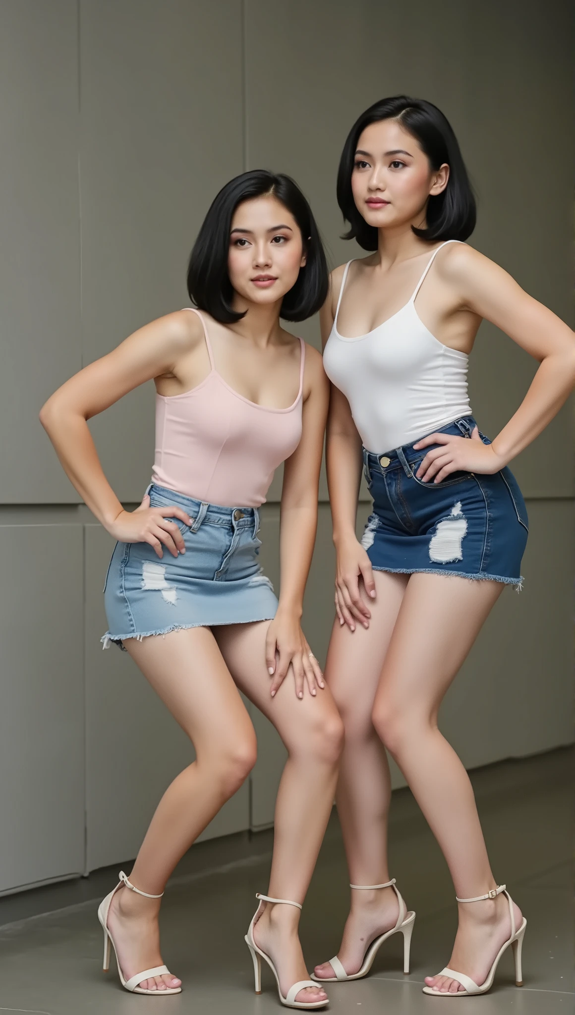 Two young women, likely in their early twenties, pose against a neutral grey wall. The woman on the left, with dark bobbed hair, wears a light pink spaghetti strap top and a light blue distressed denim mini-skirt exposing pink panties, paired with light-colored high-heeled sandals. She leans forward slightly with hands on her hips, looking directly at the viewer with a neutral expression. The woman on the right, also with dark bobbed hair, wears a white spaghetti strap top and a darker blue denim mini-skirt exposing revealing pink panties, with similar high-heeled sandals. She stands more upright, with one hand on her hip, gazing off to her right. The lighting is soft and even, highlighting their smooth skin and slender figures. The overall mood is confident and stylish, suggesting a fashion shoot or casual portrait.