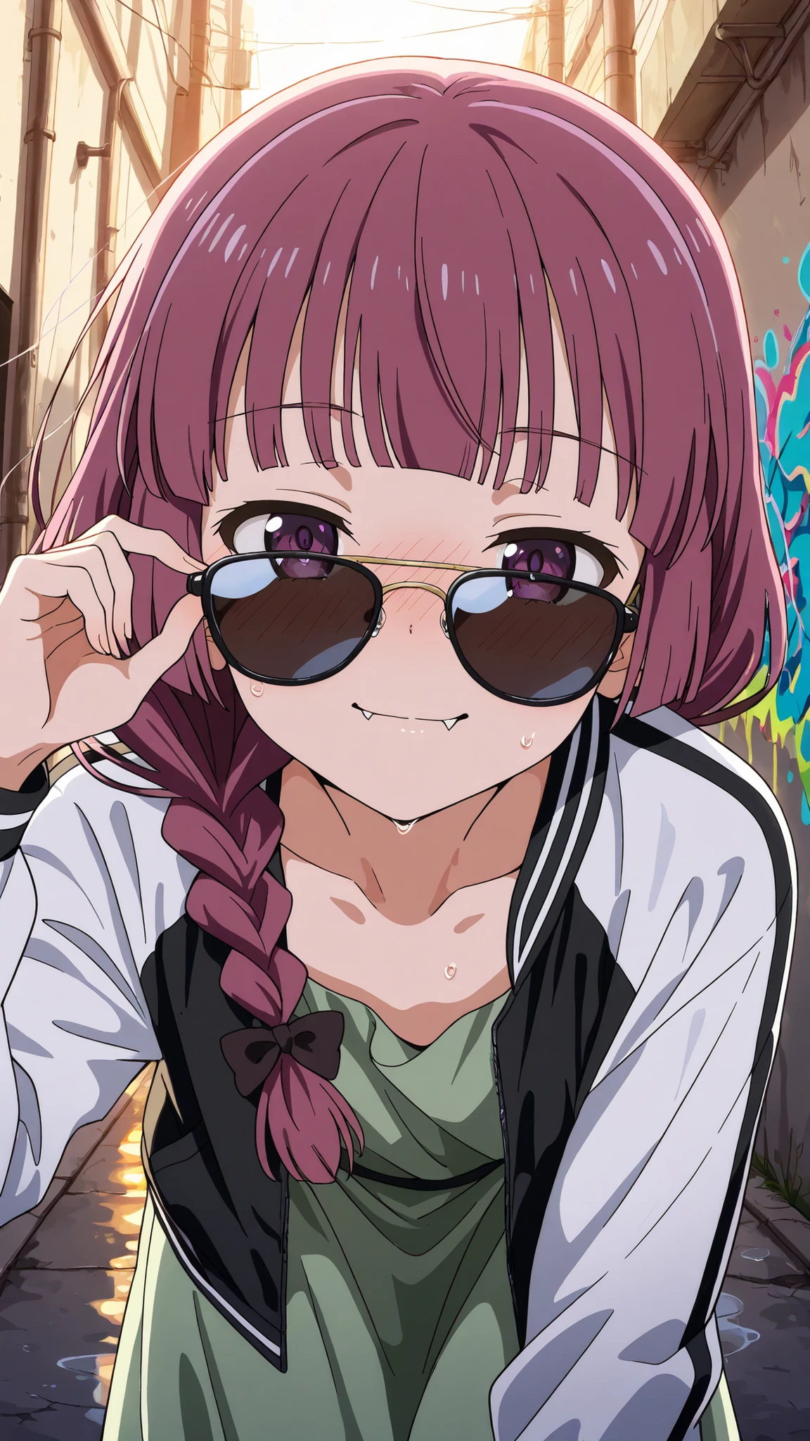 BREAK (masterpiece:1.2),highly detailed realistic anime background, narrow urban alley, daylight scene with wet reflective asphalt, colorful graffiti on concrete walls, small puddles with bright sky reflections, metallic pipes and vents, warm sunlight breaking through clouds, subtle lens bloom and light flares, cinematic perspective, deep contrast and vibrant highlights, AMOLED lighting style, SDXL realism, ultra high quality, no people,kikuri hiroi, black bow, blunt bangs, braid, purple eyes, fang, hair bow, hair over shoulder, long hair, purple hair, sidelocks, single braid, fangs,black jacket,collarbone, dress, green dress, jacket, long sleeves, open clothes, open jacket, raglan sleeves,white sleeves,faint blush from warm sunlight,soft reflections underfoot
,looking at viewer,portrait,portrait shot,face close-up,floating hair,blush,smile,closed eyes,bitting lips,black sunglasses,reflection on sunglasses,bent over,fixing sunglasses on nose,