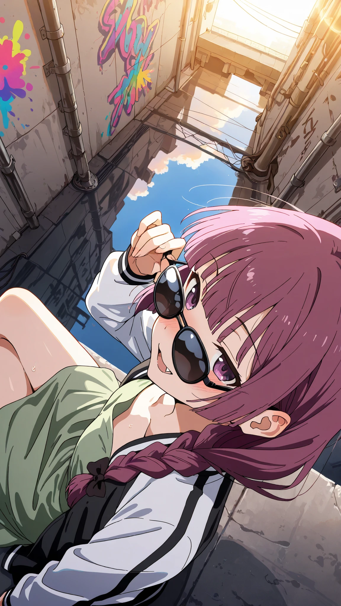 BREAK (masterpiece:1.2),highly detailed realistic anime background, narrow urban alley, daylight scene with wet reflective asphalt, colorful graffiti on concrete walls, small puddles with bright sky reflections, metallic pipes and vents, warm sunlight breaking through clouds, subtle lens bloom and light flares, cinematic perspective, deep contrast and vibrant highlights, AMOLED lighting style, SDXL realism, ultra high quality, no people,kikuri hiroi, black bow, blunt bangs, braid, closed eyes, purple eyes, fang, hair bow, hair over shoulder, long hair, purple hair, sidelocks, single braid, fangs,black jacket,collarbone, dress, green dress, jacket, long sleeves, open clothes, open jacket, raglan sleeves,white sleeves,,,faint blush from warm sunlight,
,looking at viewer,portrait shot,portrait,face close-up,floating hair,blush,smile,sitting gracefully, seductive pose, crossed legs, slightly arched back, soft gaze, high detail, 4k illustration,side shot,sitting on edge of roof, from above,black sunglasses,fixing sunglasses,reflection on sunglasses