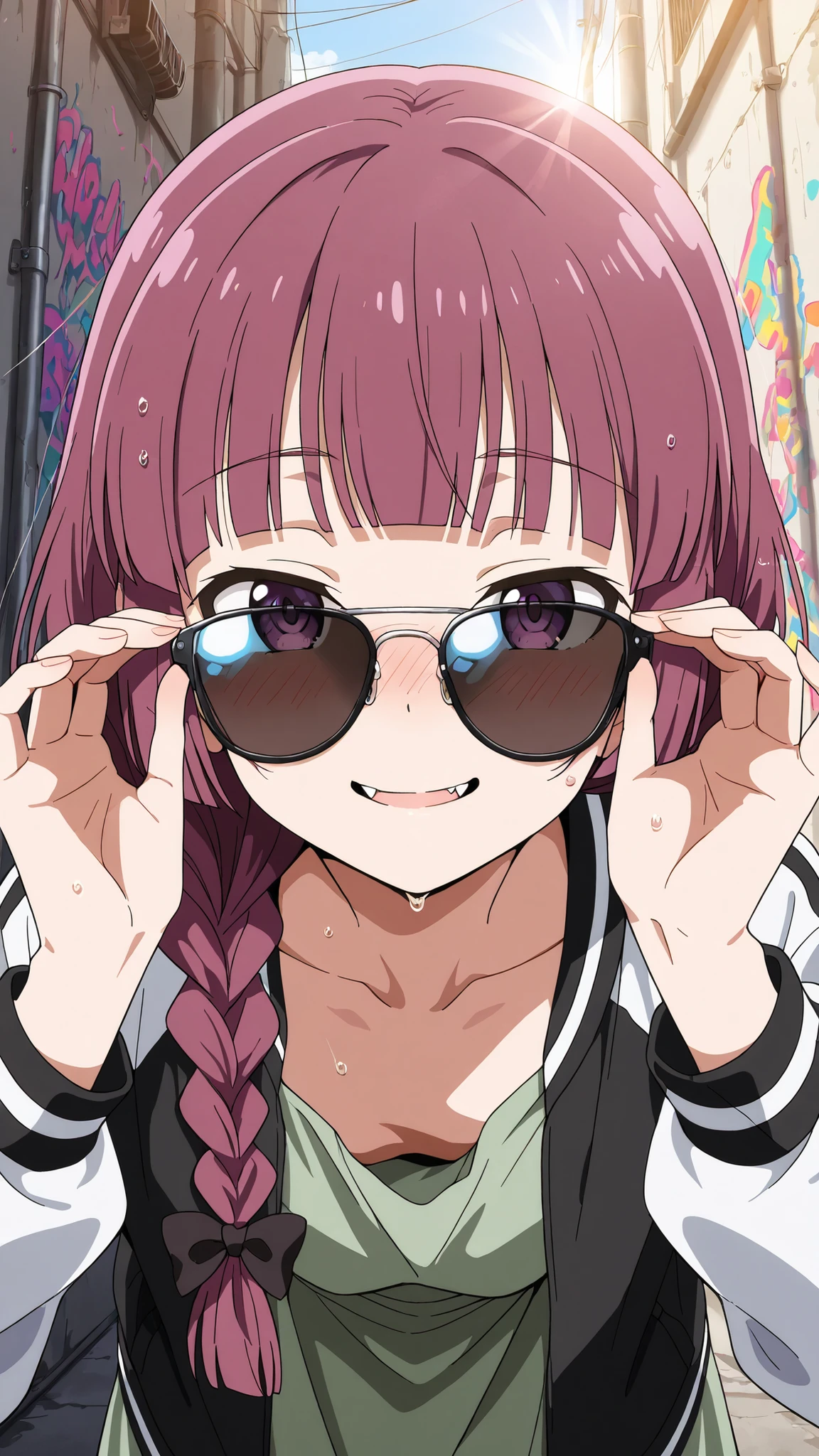 BREAK (masterpiece:1.2),highly detailed realistic anime background, narrow urban alley, daylight scene with wet reflective asphalt, colorful graffiti on concrete walls, small puddles with bright sky reflections, metallic pipes and vents, warm sunlight breaking through clouds, subtle lens bloom and light flares, cinematic perspective, deep contrast and vibrant highlights, AMOLED lighting style, SDXL realism, ultra high quality, no people,kikuri hiroi, black bow, blunt bangs, braid, purple eyes, fang, hair bow, hair over shoulder, long hair, purple hair, sidelocks, single braid, fangs,black jacket,collarbone, dress, green dress, jacket, long sleeves, open clothes, open jacket, raglan sleeves,white sleeves,faint blush from warm sunlight,soft reflections underfoot
,looking at viewer,portrait,portrait shot,face close-up,floating hair,blush,smile,closed eyes,bitting lips,black sunglasses,reflection on sunglasses,bent over,fixing sunglasses on nose,