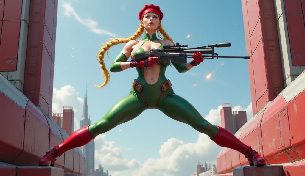 woman in a sexy pose, looking at viewer, long yellow hair, intricate outfit, street, cammy, tight body, showing her ass, dramatic lighting, cinematic, 8k, high resolution, photorealistic, hyper detailed, masterpiece, ultra-detailed, physically-based rendering, vibrant colors, chiaroscuro lighting, moody atmosphere, neon street lights, rainy night, reflective puddles, gritty urban setting