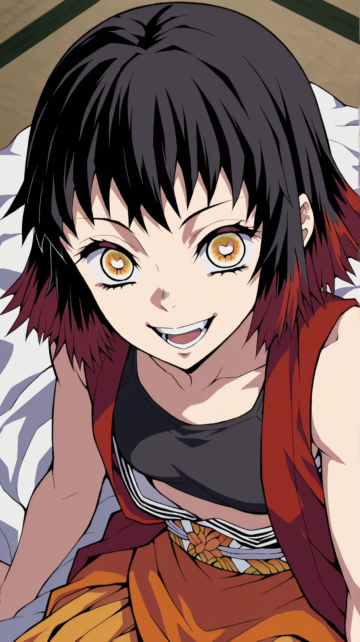 susamaru,kimetsu no yaiba,demon slayer
High quality , best quality , masterpiece, High Resolution , detailed face( LoRA: susamaru),anatomically correct, detailed hair Style( LoRA: susamaru),anime Coloring
solo, 1 girl
short hair, black hair, yellow eyes, red hair, multicolored hair, two-tone hair,,
jewelry, japanese clothes, kimono, sash, orange kimono, black haori, haori, sports bra, black sports bra, bare arms,
looking at viewer , close-up,from above,upper body,
, Japanese-style room
, smile,open mouth
sitting