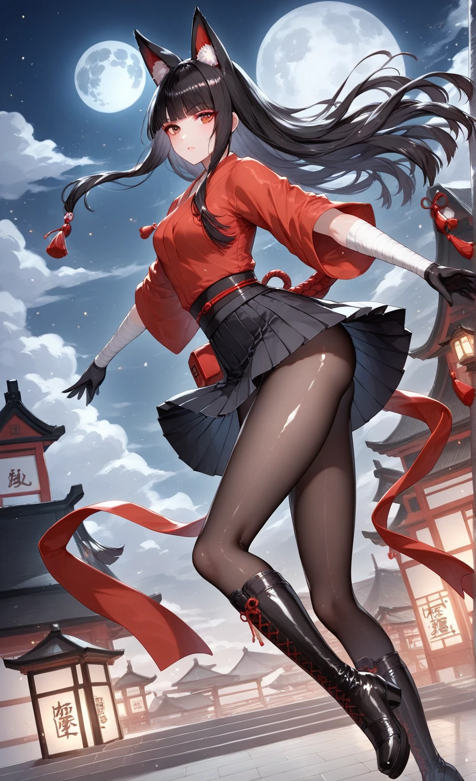 [(detailed Background:1.4)::5],Original,(Illustration:1.1),(Best Quality),(masutepiece:1.1),(the Extremely Detailed CG Unity 8K Wallpapers:1.1), (Colorful:0.9),(mid-shot:0.95),(very detailed beautiful full body),Dynamic Angle,(Solo:1.2), (girl),(((Adult))), (Detailed beautiful eyes:1.15), (Beautiful face:1.15), (glowing red eyes:1.25////),(black hair),paleskin，Pink pupils，Red bow，amaryllis，((Evil smile))，Crystal earrings on the ears，Raven feather skirt,full body,wearing miko thighhighs,((black long hair)),black long hair,night,slim body,thin legs,slender,