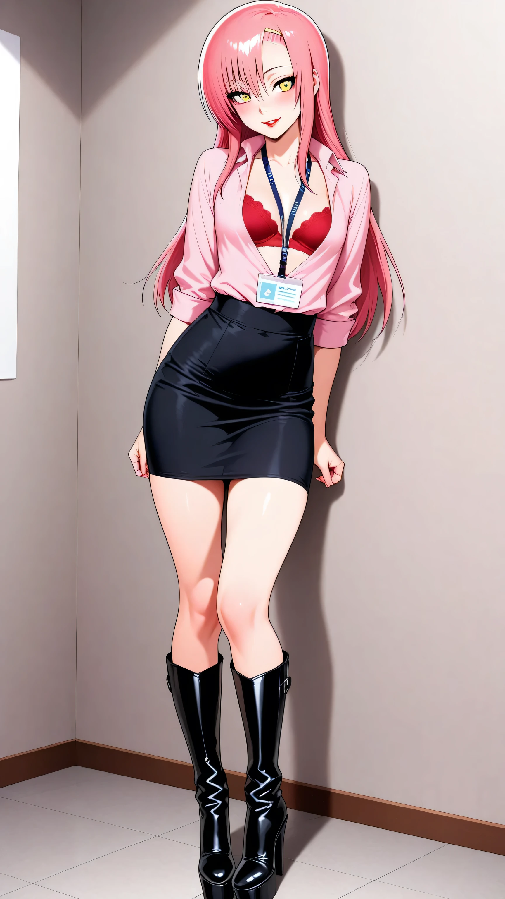 pink shirt, cleavage, red bra, underwear, lanyard, black skirt, pencil skirt, Katsura_Hinagiku, pink hair, long hair, Yellow green eyes, hairclip, small breasts,  1girl, solo,  black high heels BOOTS, thigh-high boots, 8 inch heels,  platform boots, red lipstick, eyelashes, makeup,  glossy lips, masterpiece, dakimakura, high resolution, blush,  looking at viewer, standing up, masterpiece, best quality, high quality facial features, perfect eyes,  facing directly, 4k , 8k , high resolution, shown fully in frame, Perfect body woman, Well proportionated Symmetrical body, hip dips, full body shown, voluptuous body,  blue eyeshadown, horny, smiling, 