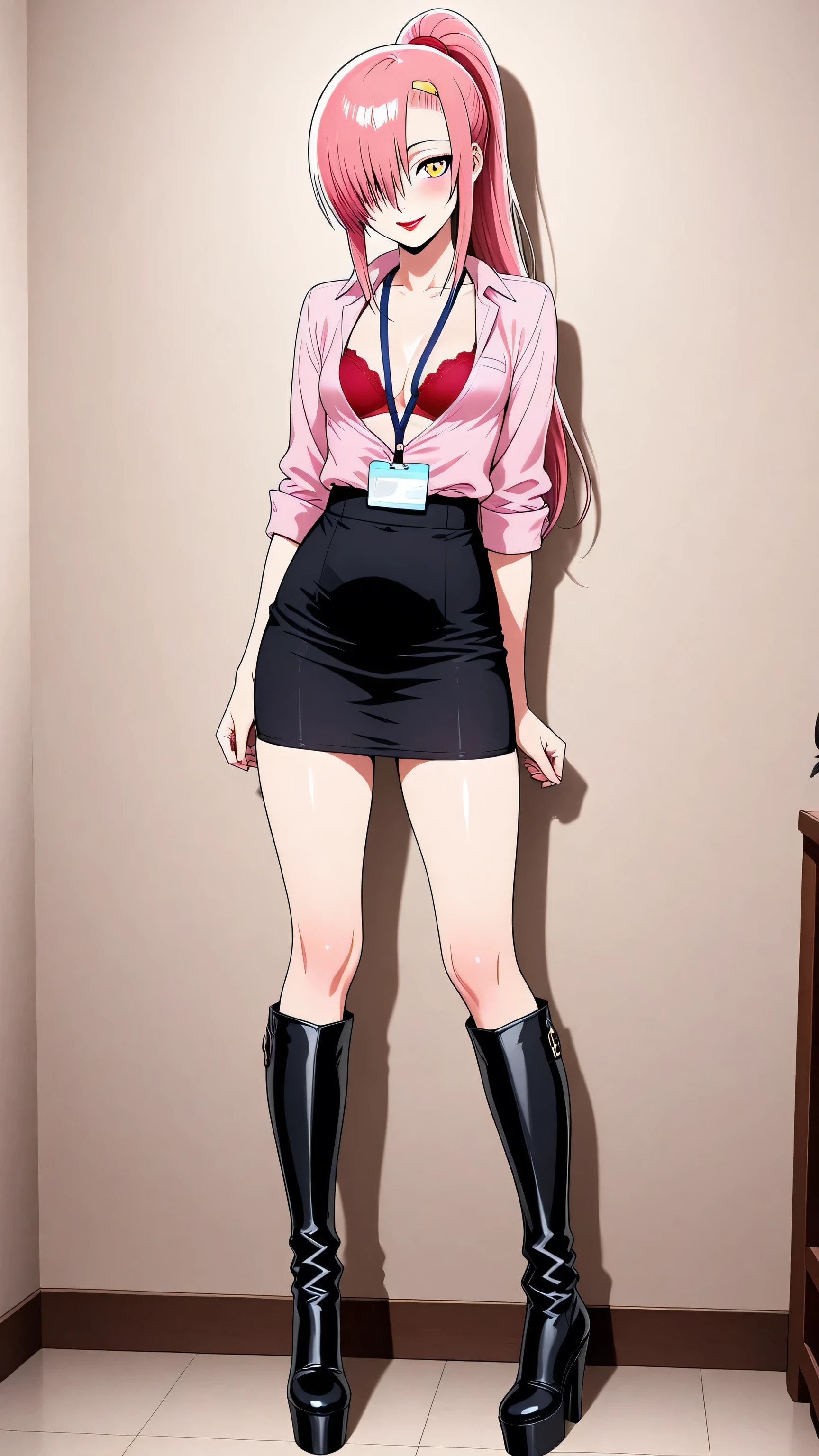 pink shirt, cleavage, red bra, underwear, lanyard, black skirt, pencil skirt, Katsura_Hinagiku, pink hair, long hair, Yellow green eyes, hairclip, small breasts,  1girl, solo,  long hair, ponytail, hair over one eye,  red hairclip,  black high heels BOOTS, thigh-high boots, 8 inch heels,  platform boots, red lipstick, eyelashes, makeup,  glossy lips, masterpiece, dakimakura, high resolution, blush,  looking at viewer, standing up, masterpiece, best quality, high quality facial features, perfect eyes,  facing directly, 4k , 8k , high resolution, shown fully in frame, Perfect body woman, Well proportionated Symmetrical body, hip dips, full body shown, voluptuous body,  blue eyeshadown, horny, smiling, 
