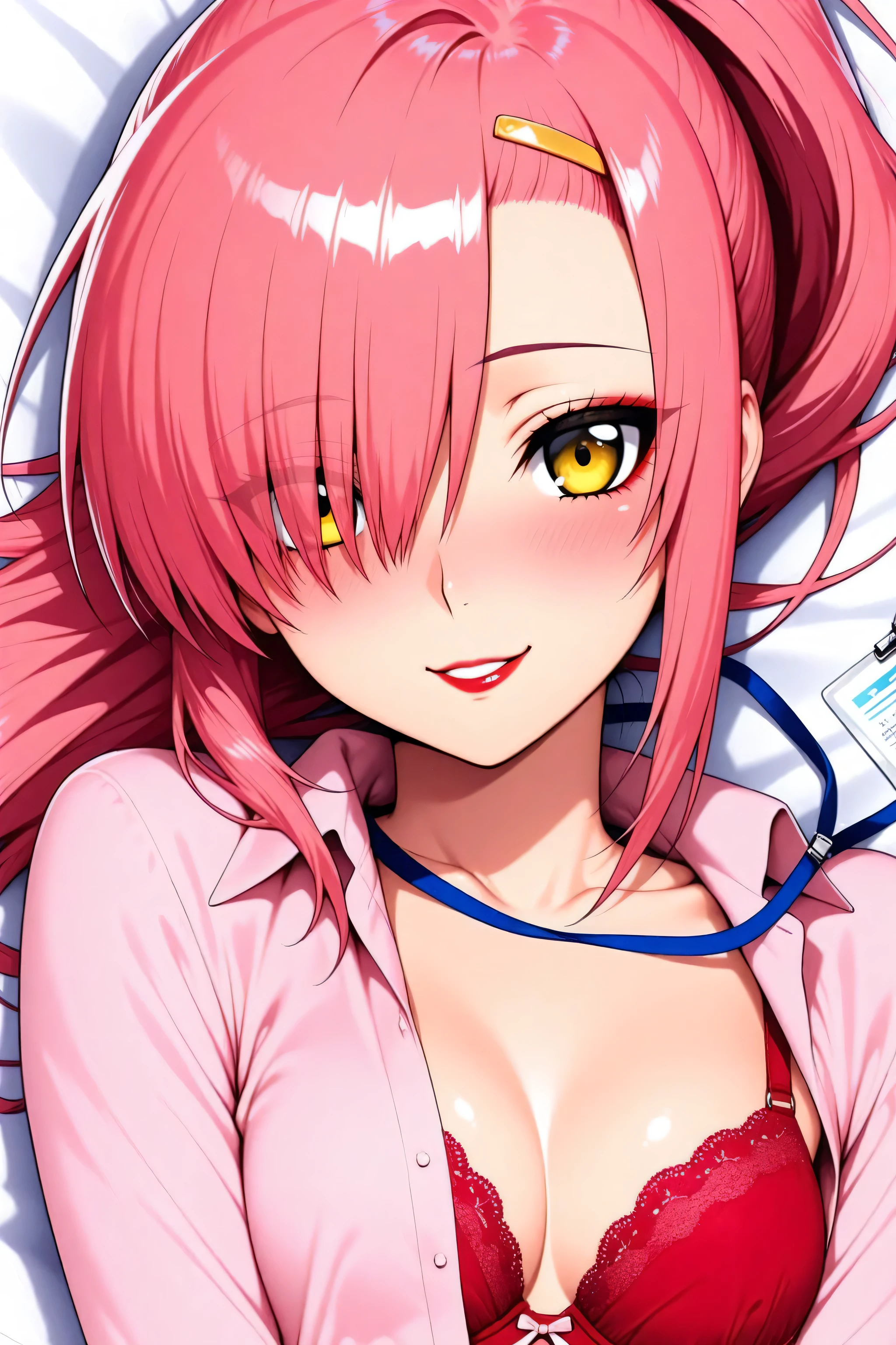 pink shirt, cleavage, red bra, underwear, lanyard,  Katsura_Hinagiku, pink hair, long hair, Yellow green eyes, hairclip, small breasts,  1girl, solo,  long hair, ponytail, hair over one eye,  red hairclip,   red lipstick, eyelashes, makeup,  glossy lips, masterpiece, dakimakura, high resolution, blush,  looking at viewer,  masterpiece, best quality, high quality facial features, perfect eyes,  facing directly, 4k , 8k , high resolution,  Perfect body woman, Well proportionated Symmetrical body, hip dips, voluptuous body,  blue eyeshadown, horny, smiling,
