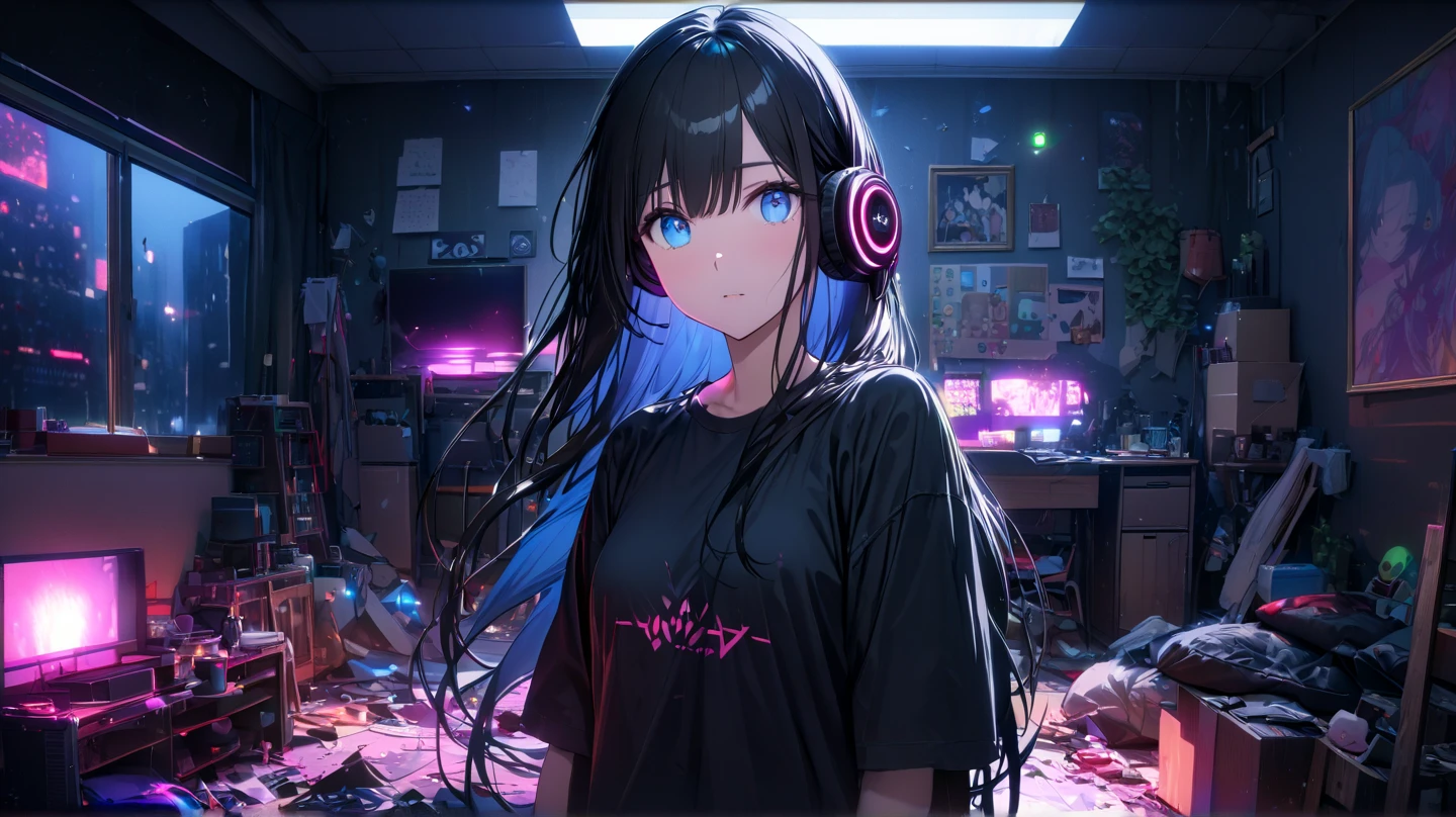 Best quality, (masterpiece:1.2), best detail face, 1 girl, , 18 yo, 8k,absurdres,unity 8k wall paper,(extremely detailed:1.3), highest realistic, (simple headphones:1.1), (soft neon light:1.1), (floating hair:1.2), (psychedelic:1.2), Her room full of music equipment and plants, Leaning back on the chair with a casual attitude, Light clothing in summer, dark grey color palette, black hair