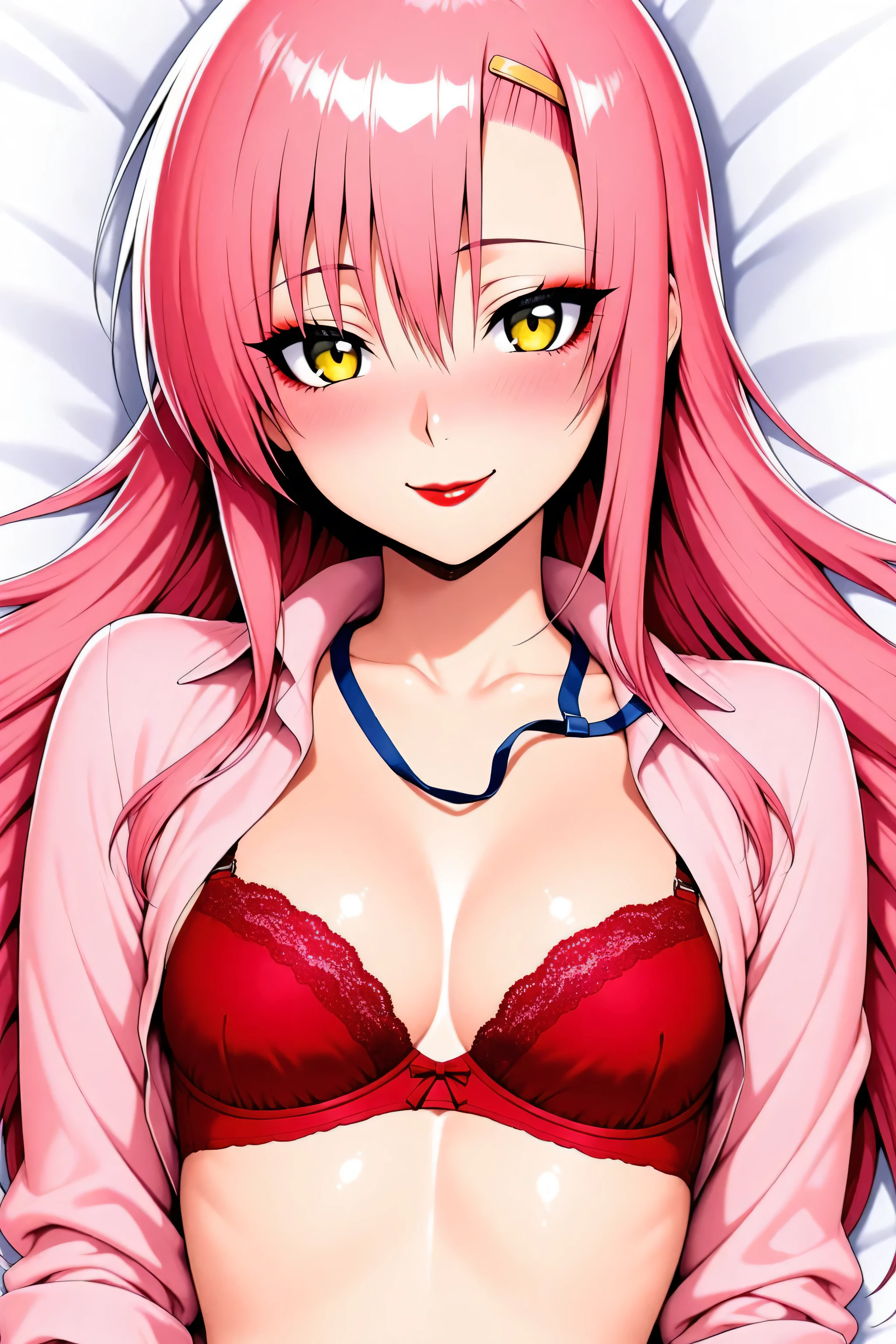 pink shirt, cleavage, red bra, underwear, lanyard,  Katsura_Hinagiku, pink hair, long hair, Yellow green eyes, hairclip, small breasts,  1girl, solo,  red lipstick, eyelashes, makeup,  glossy lips, masterpiece, dakimakura, high resolution, blush,  looking at viewer,  masterpiece, best quality, high quality facial features, perfect eyes,  facing directly, 4k , 8k , high resolution,  Perfect body woman, Well proportionated Symmetrical body, hip dips, voluptuous body,  blue eyeshadown, horny, smiling, 