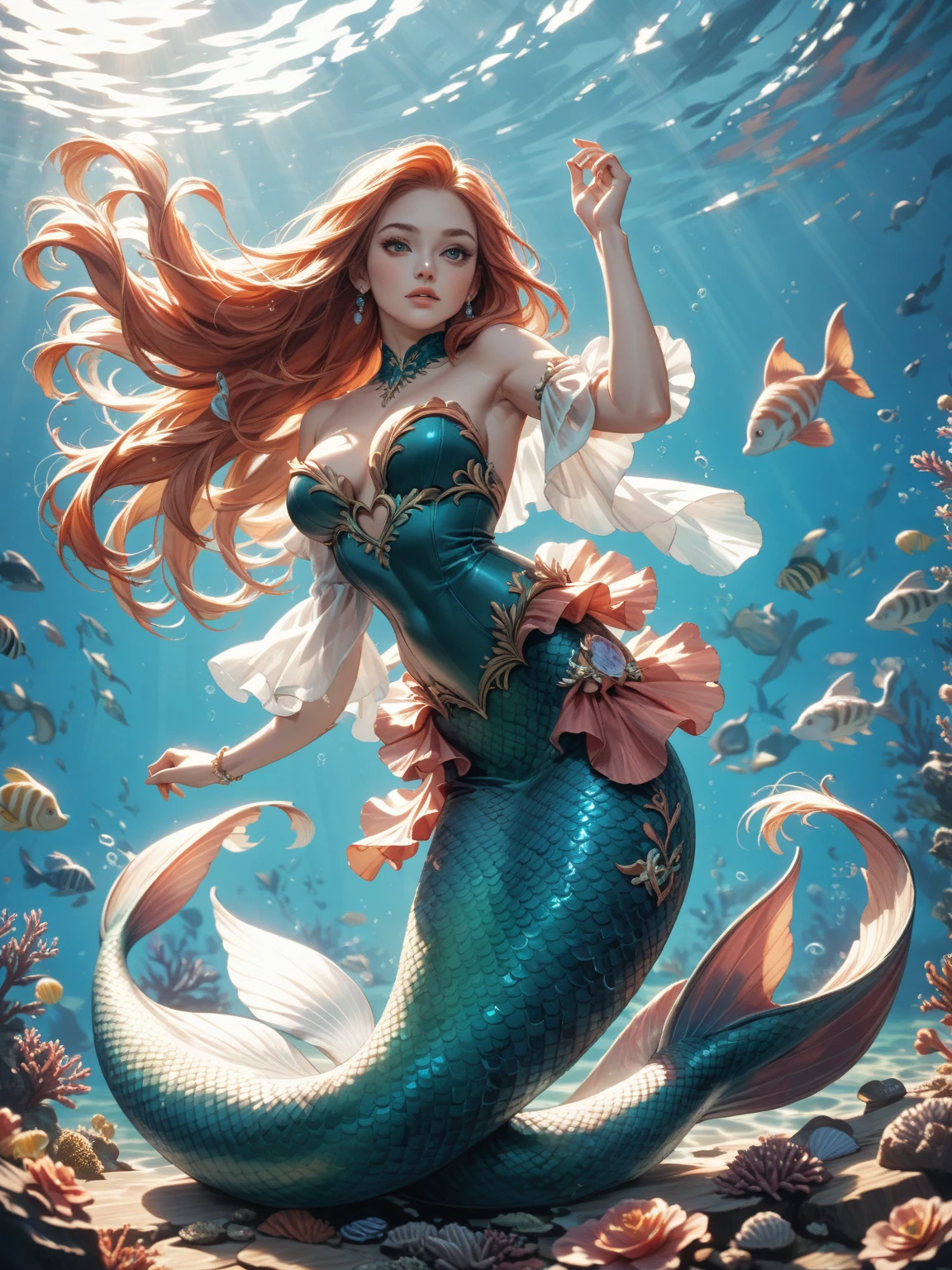 Mermaid Princess, macro mermaid princess swimming in the ocean; Epic cinematic brilliant stunning intricate meticulously detailed dramatic atmospheric maximalist digital matte painting Mark Brooks and Dan Mumford, comic book art, perfect, smooth oil painting by James Gurney trending on Artstation Unreal Engine 5 3D shading shadow depth volumetric lighting
