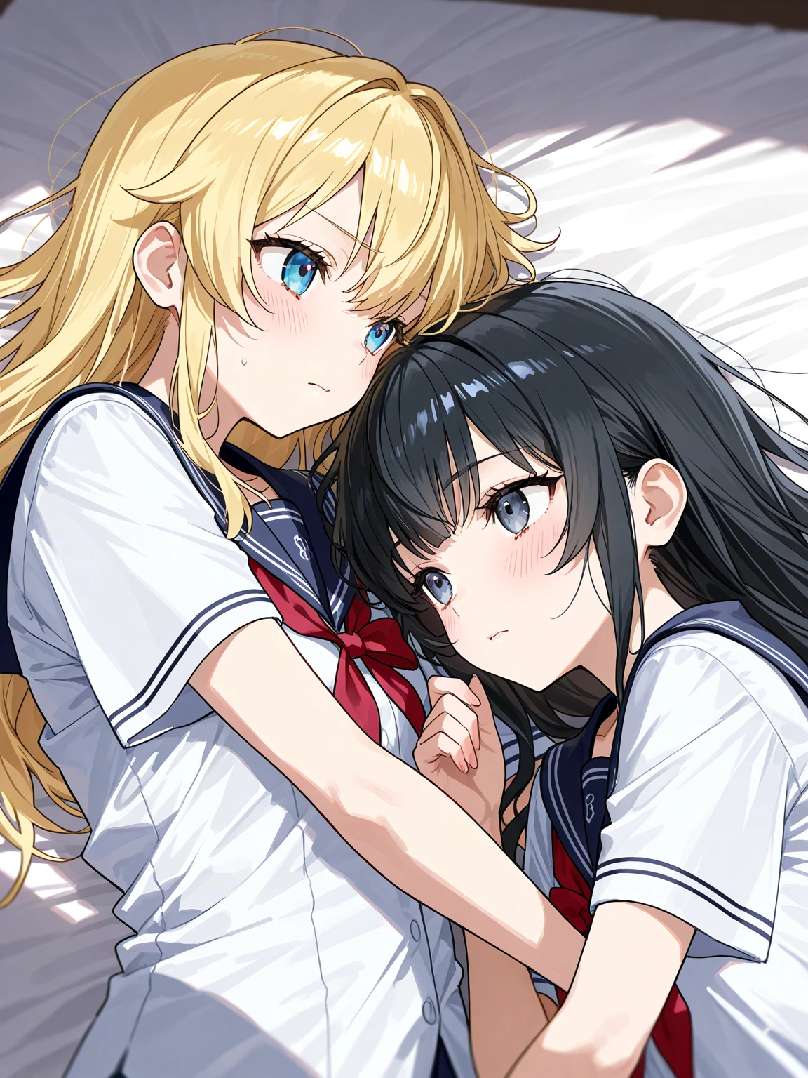 (​masterpiece、top-quality、hight resolution、Unity 8k Wallpaper、extremely details CG:1), The film describes a scene in which two women are beginning a lesbian  act together on a bed in a private room. The young woman, nervous for the first time, is being coached by an experienced lesbian senior. The senior gently touches the young woman's body and gently teaches her lesbianism. The intimate setting, in which they only see each other, accentuates their loving relationship and expresses the young woman's desire for the unknown and pleasure from her senior. 