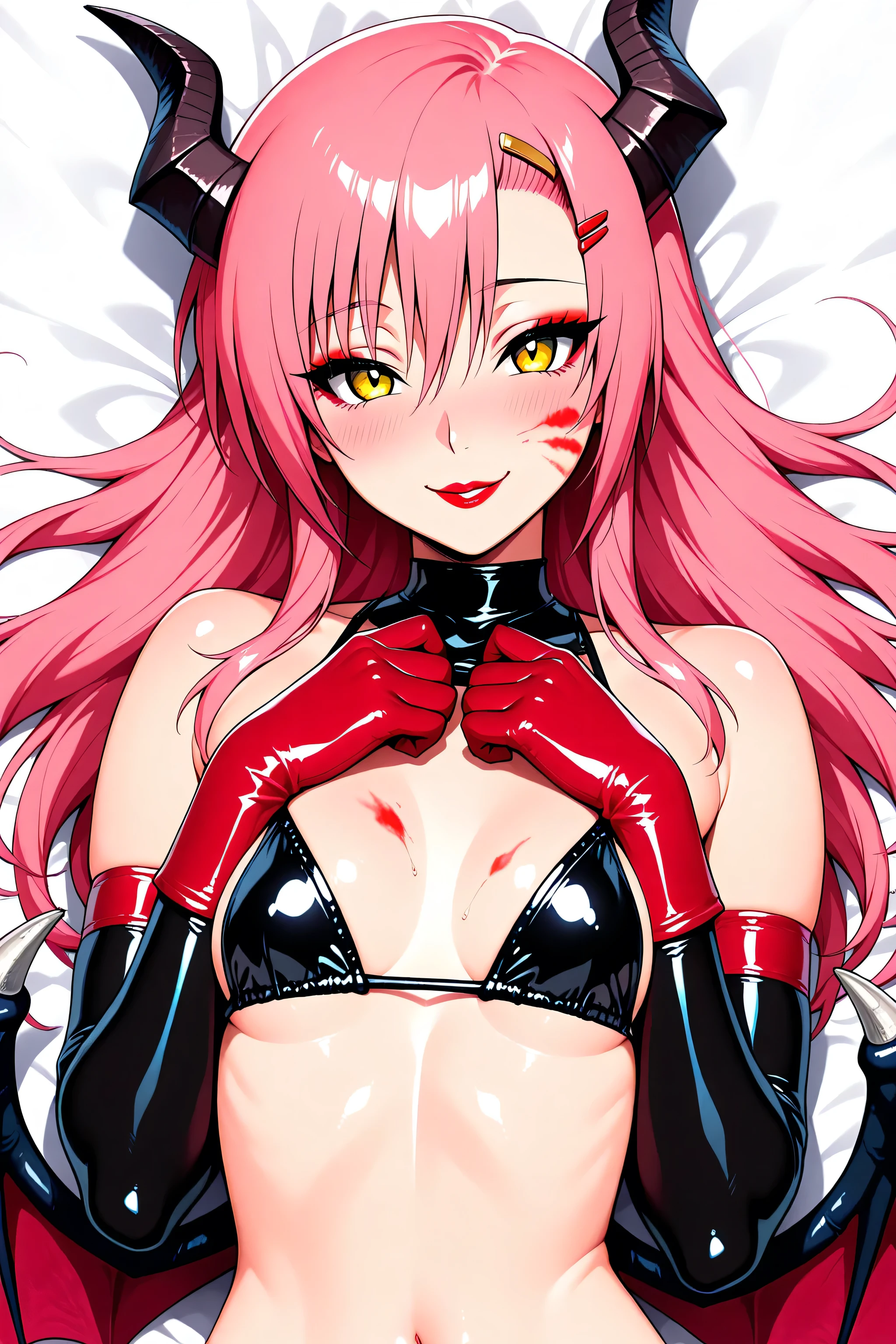 black latex bikini, long red latex gloves, succubus, black demon horns, red demon wings,  demon girl,  black demon tail,   Katsura_Hinagiku, pink hair, long hair, Yellow green eyes, hairclip, small breasts,  1girl, solo,   red hairclip,   red lipstick, eyelashes, makeup,  glossy lips, masterpiece, dakimakura, high resolution, blush,  looking at viewer,  masterpiece, best quality, high quality facial features, perfect eyes,  facing directly, 4k , 8k , high resolution, Perfect body woman, Well proportionated Symmetrical body,  voluptuous body,  blue eyeshadown, horny, smiling,  lipstick marks on face and body, red lipstick marks, 