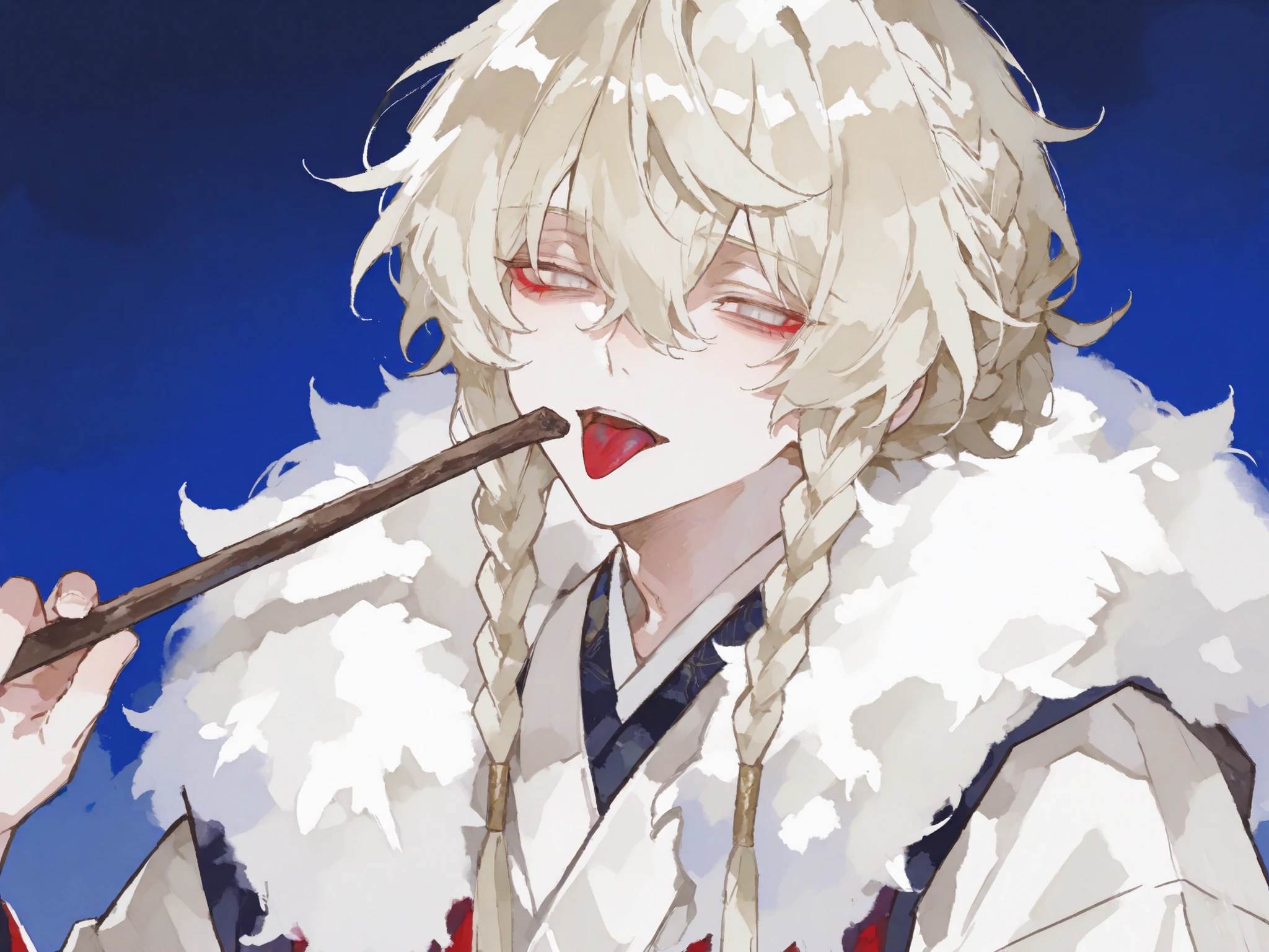 score_9, score_8_consolation, score_7_consolation, solo, watercolor, 1 male, solo , One Man , Platinum Blonde Hair , braids , Fluffy hair , beautiful , right eye is red eye , Left Eyes Are White Eyes , stylish , handsome , are cool , Adult Male , Japanese clothing , China , suspicious , stick out your tongue