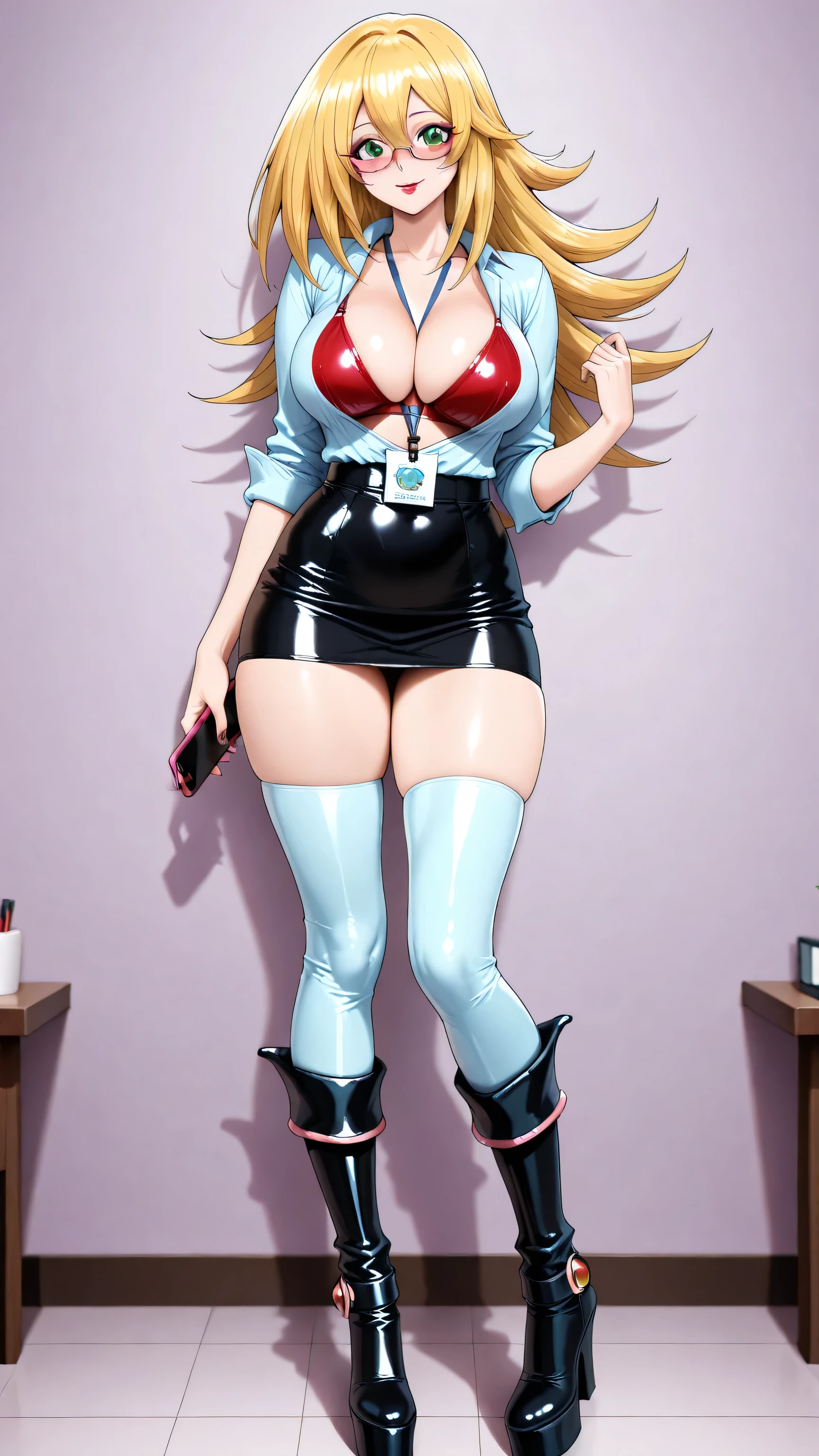 dark magician girl, duel monster, blonde hair, green eyes, long hair, breasts, blush, bangs, hair between eyes, white latex shirt, cleavage, red latex bra, latex underwear, lanyard, black latex skirt, pencil skirt,  1girl, solo,  black high heels BOOTS, thigh-high boots, 8 inch heels,  platform boots, red lipstick, eyelashes, makeup,  glossy lips, masterpiece, dakimakura, high resolution, blush,  looking at viewer, standing up, masterpiece, best quality, high quality facial features, perfect eyes,  facing directly, 4k , 8k , high resolution, shown fully in frame, Perfect body woman, Well proportionated Symmetrical body, hip dips, full body shown, voluptuous body,  blue eyeshadown, horny, smiling, glasses, holding phone