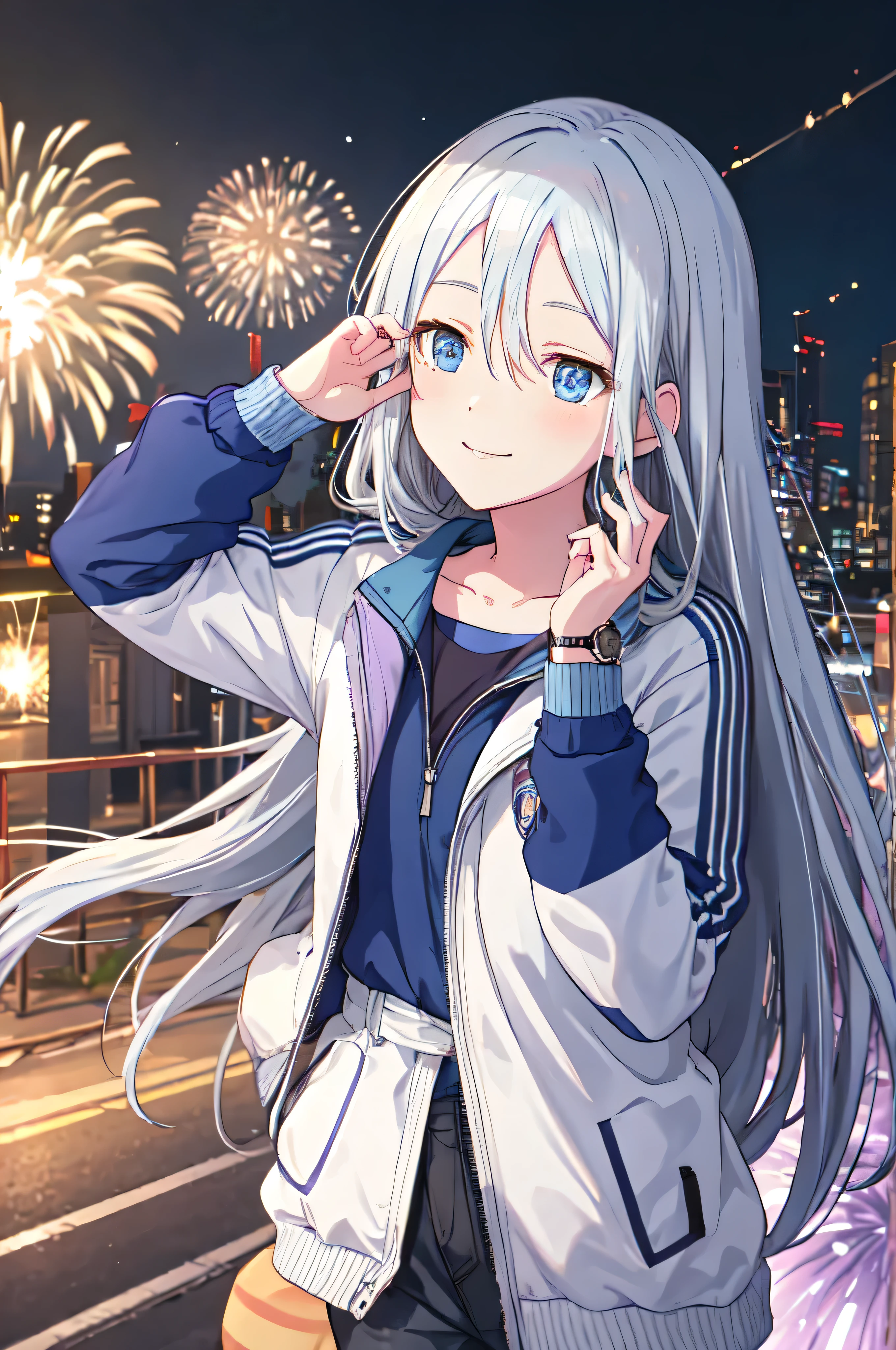 Kanade 3rd, , blue jacket, Purple T-shirt, blush, smile、Watch the fireworks、Look up at the fireworks