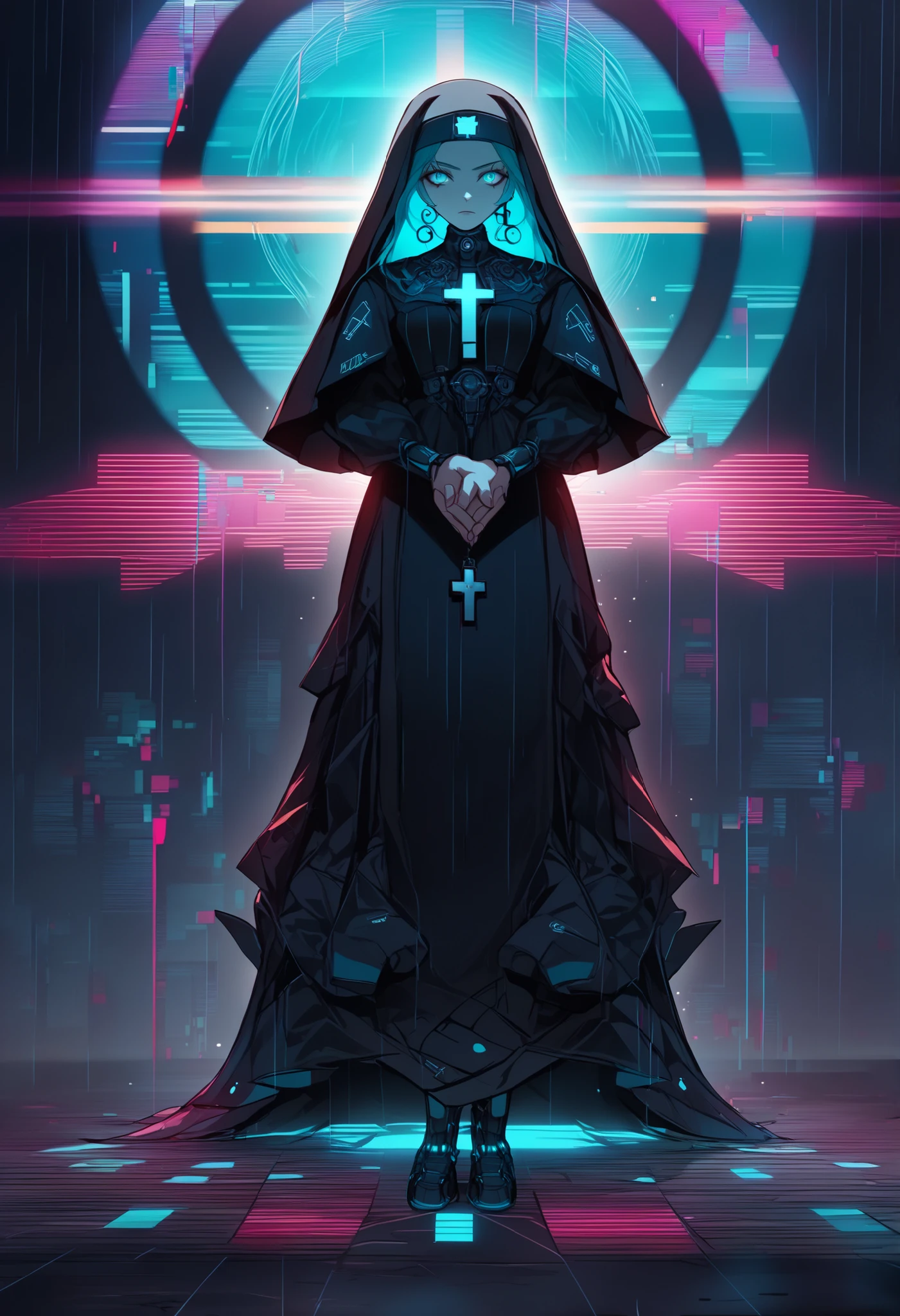 ((Masterpiece, top quality, high resolution, highly detailed CG unified 8K wallpaper)), (a dark nun standing in a cyber-gothic alley illuminated by pulsating neon lights:1.3), (her black habit infused with glowing cyan and magenta synthwave lines, veil flowing like digital smoke), (face partially shadowed, eyes glowing faintly with electric blue light, expression calm but ominous), (neon crosses flicker behind her on rusted metal walls, rain-slick pavement reflecting vibrant cyberpunk colors), (hands clasped around a futuristic rosary made of holographic beads, each pulsing with digital energy), (soft neon mist swirling around her feet, glitch particles drifting in the air), mood: dark divine aesthetic, neon spirituality, cyber-mystic atmosphere, gothic futurism meets holy rebellion.
