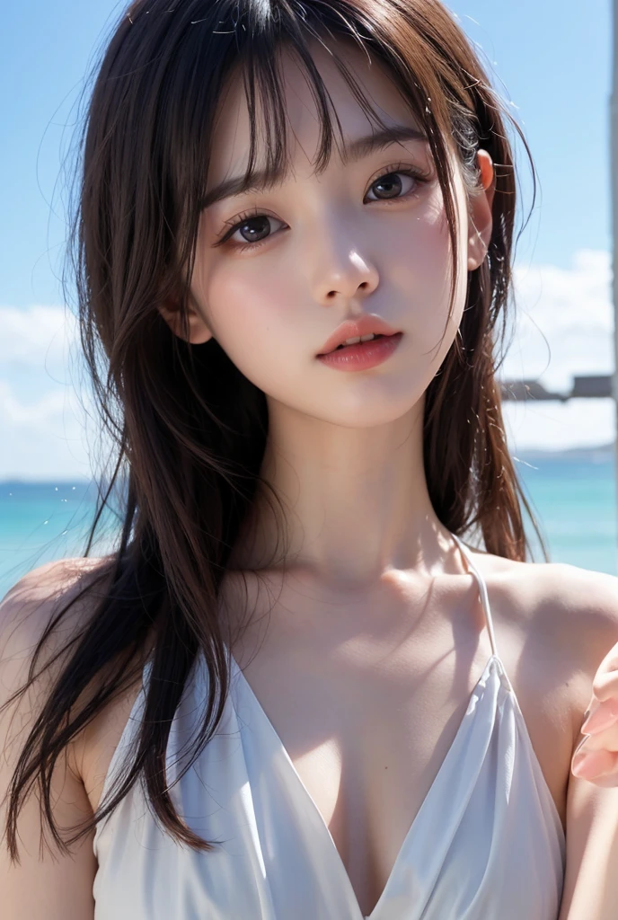 One Girl，(1人のとてもcute女の子:1.3)，masterpiece，Highest quality，High resolution，Photorealistic，RAW Photos，Ray Tracing，beautiful girl，(15 years old:1.3)，cute，Big eyes，(detailed pupils:1.2)，(The face is facing straight ahead:1.3)，Body facing forward，Beautiful nose，Fuller lips，Short black hair，ponytail，short hair，Detailed eyelashes，Thin eyebrows，Very fine grain definition，(Symmetrical eyes:1.3)，(Face close-up，Face Focus:1.0)，Small breasts，Short neck，White swimsuit，White Bikini，The background is the sea，Southern Island，Blue sky，White cloud，Portrait，View Viewer，Upper Body，Cinema Lighting，High resolution，Very detailed