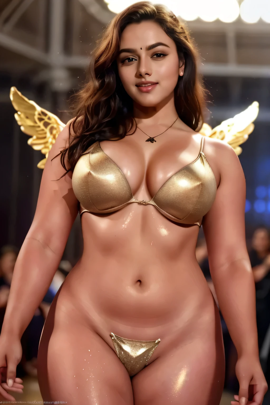 a sexy, semi-curvy, woman in a golden metallic c string and bra , Victoria's secret angel wings , posing on a fashion show, huge audience in the background, 4k, ultra-detailed, photorealistic, cinematic lighting, beautiful,elegant,alluring,captivating,dynamic pose,flawless skin,,piercing eyes, indoor setting, paris fashion week , necklace, sultry, look at viewer luscious subtle smile, (cinematic:1.3), intricate details, (ArtStation:1.2)Beautiful woman , wet lips , eyes browns , long brown hair , loose in the wind , muscular thighs , fully body ,, very detailed skin , sexy position ,