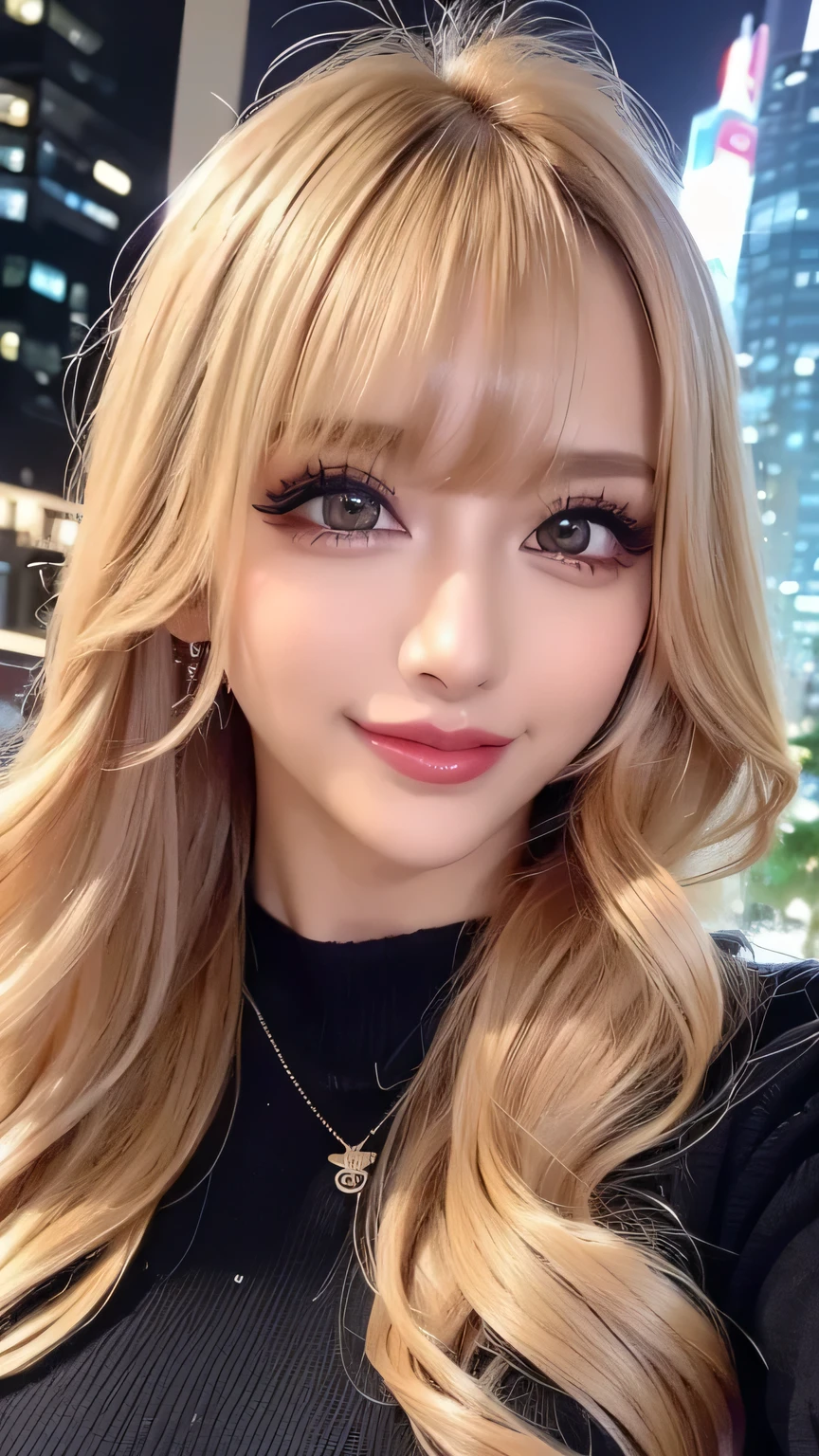( cowboy shooting、  top quality、8k、16k、  Award-winning works  、  super high resolution)、  beautiful woman、(   black sweater   ,  cleavage:1.1)、Perfect 、( blonde alone :1.1)、  bright color contacts  、Perfect gal makeup、Bright glossy lipstick、(  Very Heavy Women's Makeup :1.2)、(   dark brown beige around the eyes   :1.1)、   Beautiful Bright Eye Shadow   、  Dark Makeup Around Eyes  、(:1.2)、  super long wavy hair  、(Romantic affection:1.1)、  the best smile when he sees me  、(  many people highlight the lines of the body ..:1.trongly blurred、  Vivid image with a luxury hotel night pool in the background:1.1)、(  Clear image with a strong blurry background :1.1)、  accurate 、  ultra HD hair、(  super high resolutionの完璧な美しい歯:1.1)、Ultra high definition beautiful face 、  ultra HD hair、  crystal clear bang 、Ultra HD Shining Eyes、輝く  super high resolutionの美肌、  super high resolutionの艶やかな唇、  Harry Winston necklace   
