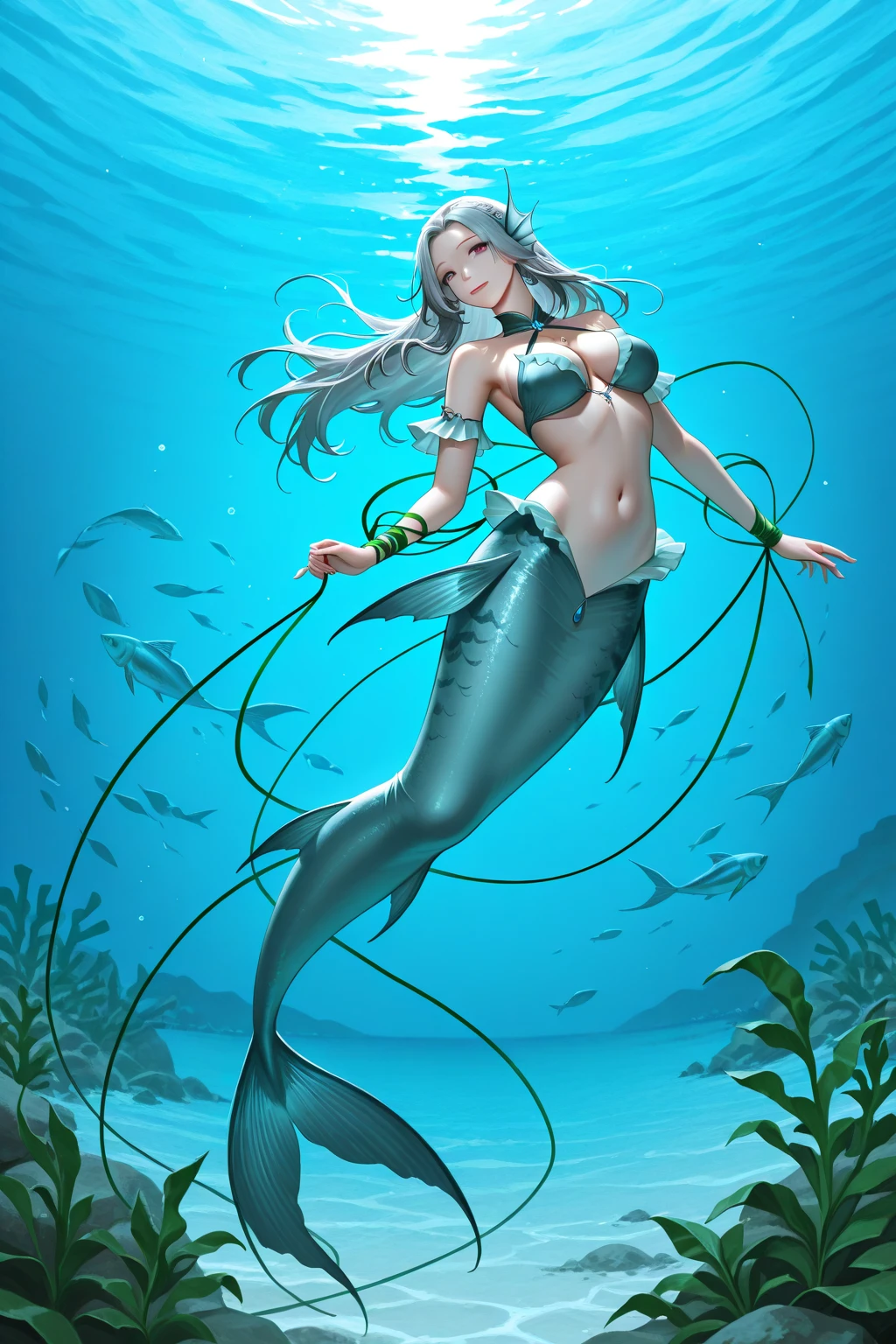 masterpiece, Highly detailed, super realistic, bright Lighting, 
beautiful face, beautiful eyes, 8k,
,1girl, solo,(mermaid style),
(12 year old girl),
(Long straight dark green hair:1.5),
(fin and serif :1.5),(beautiful legs:1.5),
(slender:1.5), (pretty face),(Small buttocks),(Slender thighs),(pretty face),
(There is a fin behind the ear),
(Inside the aquarium),(underwater),
