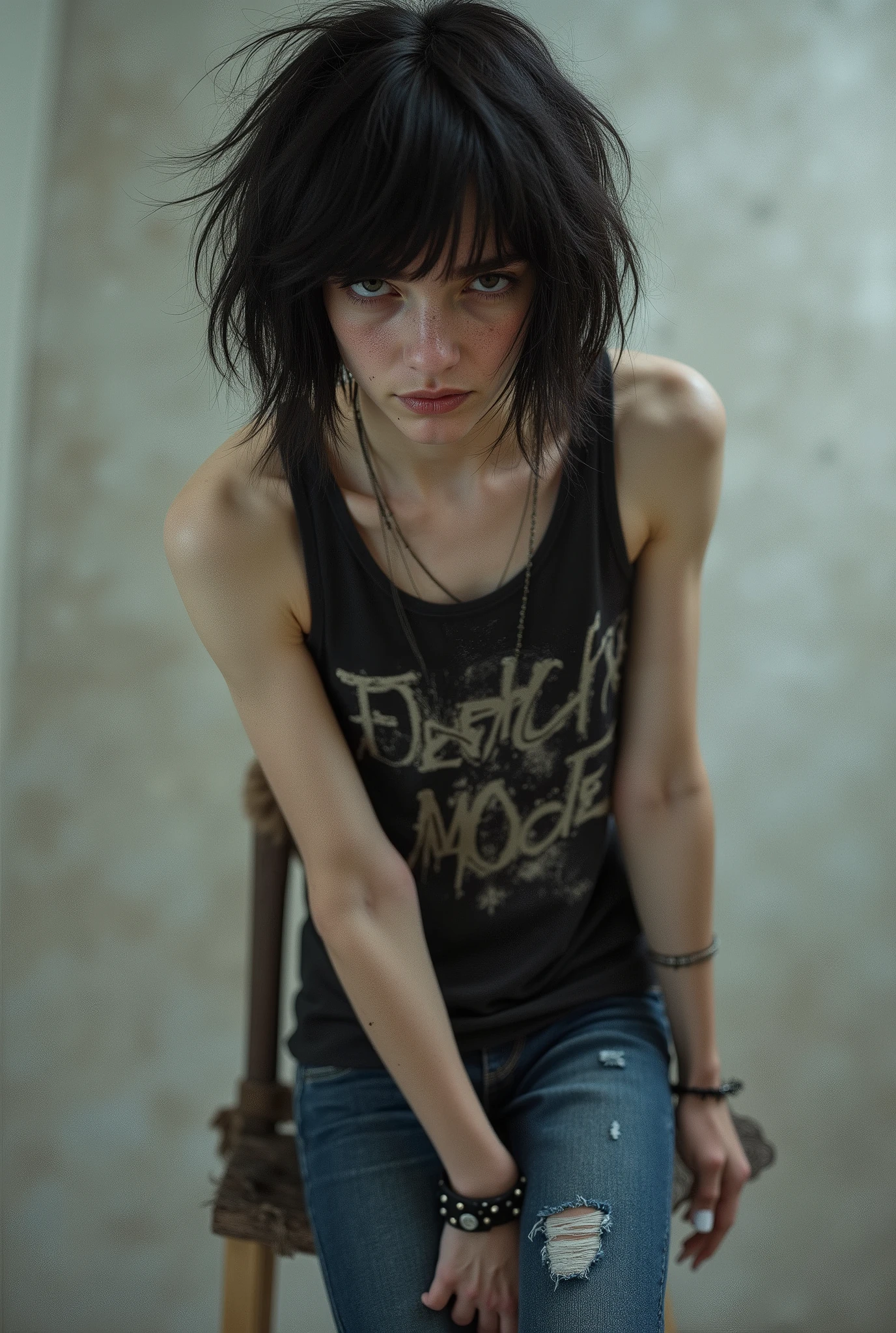 a woman sit barefoot in a prison cell, very thin body, body visible bones, very slender, sweaty wet body, pale white skin, , ,tatto, full body, has a mental breakdown