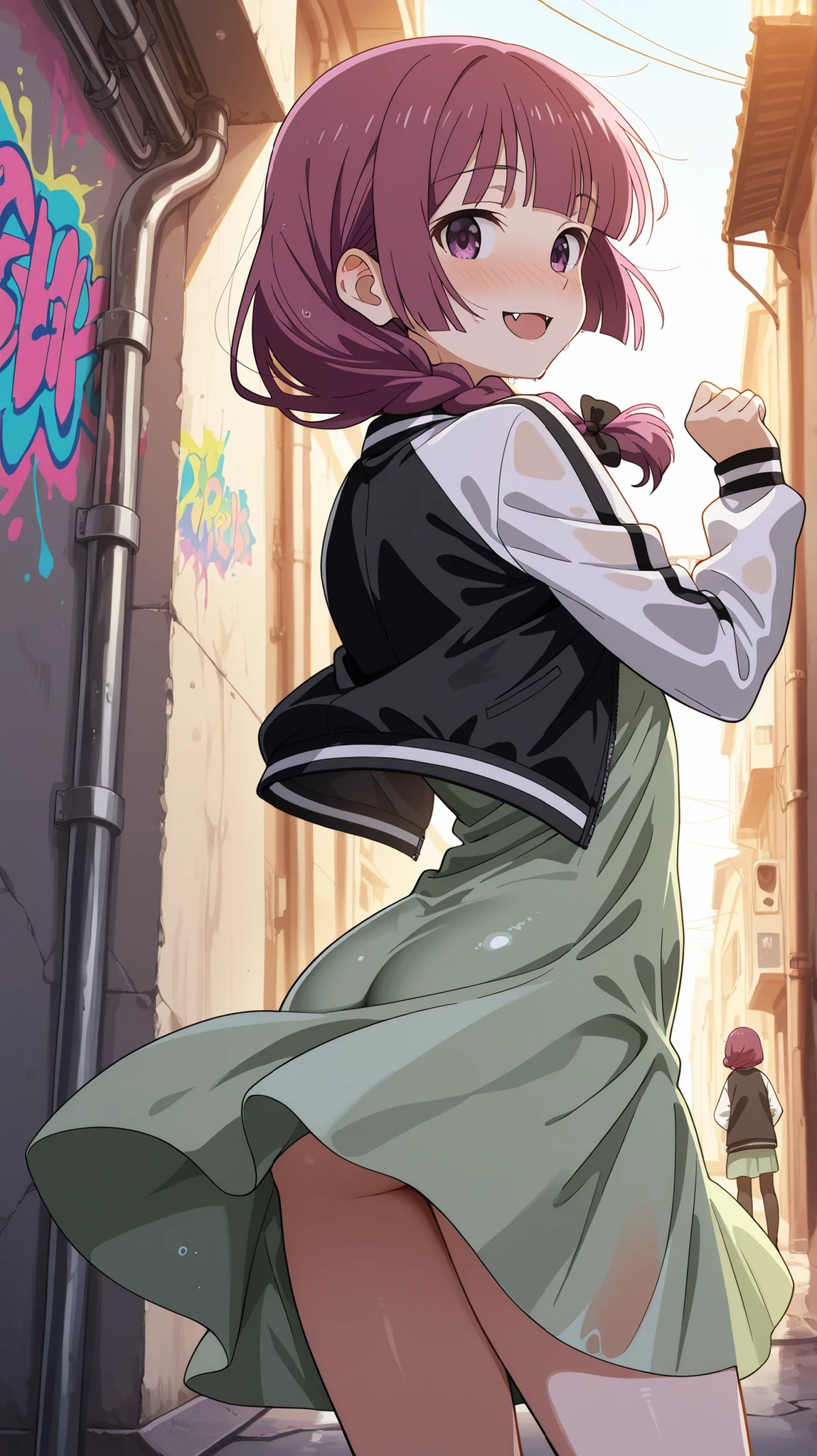 BREAK (masterpiece:1.2),highly detailed realistic anime background, narrow urban alley, daylight scene with wet reflective asphalt, colorful graffiti on concrete walls, small puddles with bright sky reflections, metallic pipes and vents, warm sunlight breaking through clouds, subtle lens bloom and light flares, cinematic perspective, deep contrast and vibrant highlights, AMOLED lighting style, SDXL realism, ultra high quality, no people,kikuri hiroi, black bow, blunt bangs, braid,purple eyes, fang, hair bow, hair over shoulder, long hair, purple hair, sidelocks, single braid, fangs,black jacket,collarbone, dress, green dress, jacket, long sleeves, open clothes, open jacket, raglan sleeves,white sleeves,faint blush from warm sunlight,soft reflections underfoot
,looking at viewer,cowboy shot,wide-angel,floating hair,blush,smooth legs, gentle curves,from behind,back shot,blush,smile,arched back,stretching,from below,berely vissible ass,
