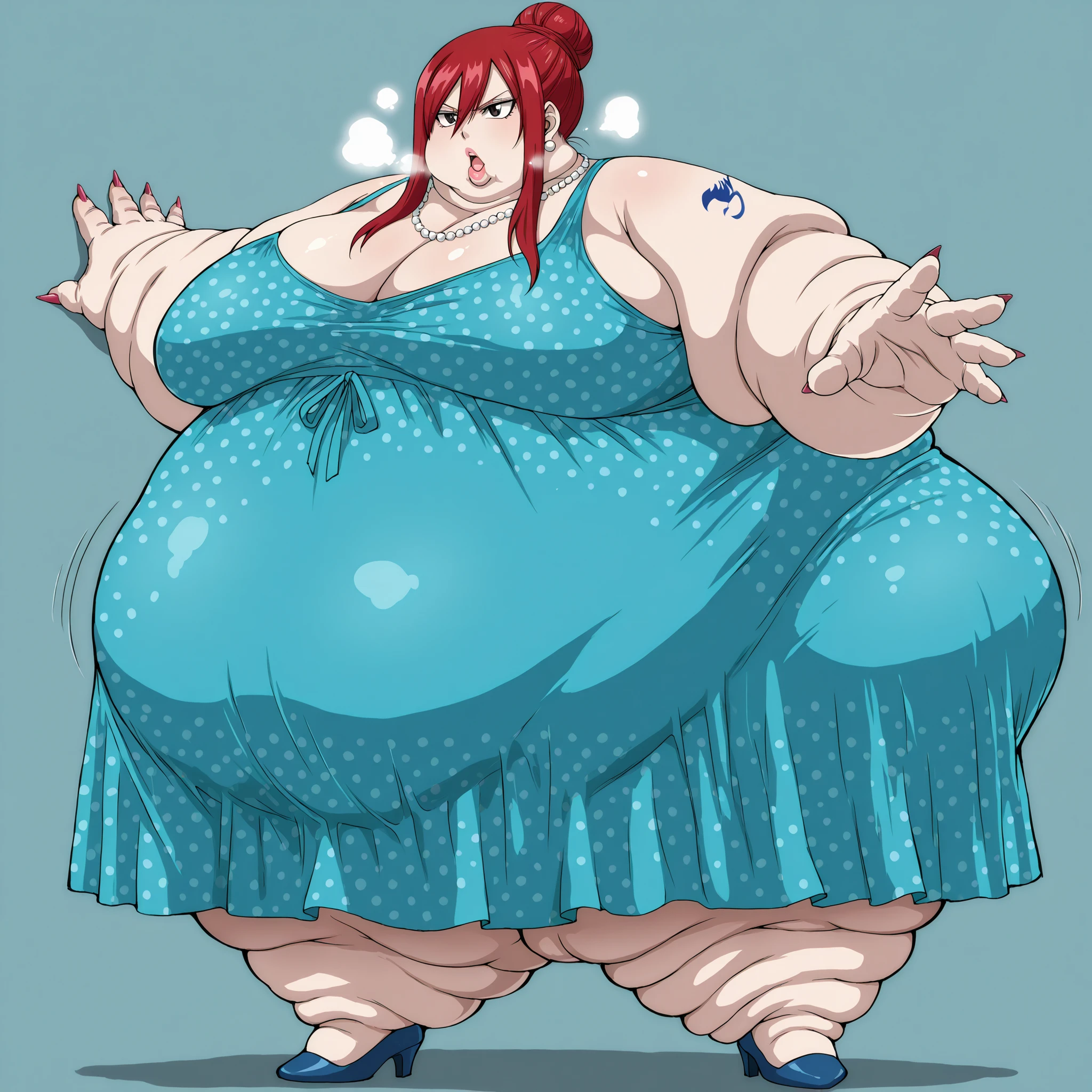 erza scarlet, red hair, hair between eyes, brown eyes, tattoo, dark eyes, top hair bun, giant top hair bun, 90s dress, polka dot dress, high heels, long nails, makeup, lipstick, big lips, plump lips, thick lips, jewelry, Pearl necklace, fat, chubby, obese, fat neck, multiple chins, big breasts open mouth, out of breath, Larger female, full body shot, only head, large head, oversized limbs, large hands, large feet, oversized feet, oversized fingers, big lips, plump lips, fat face, fupa, big fupa, fat fupa, 90s house
