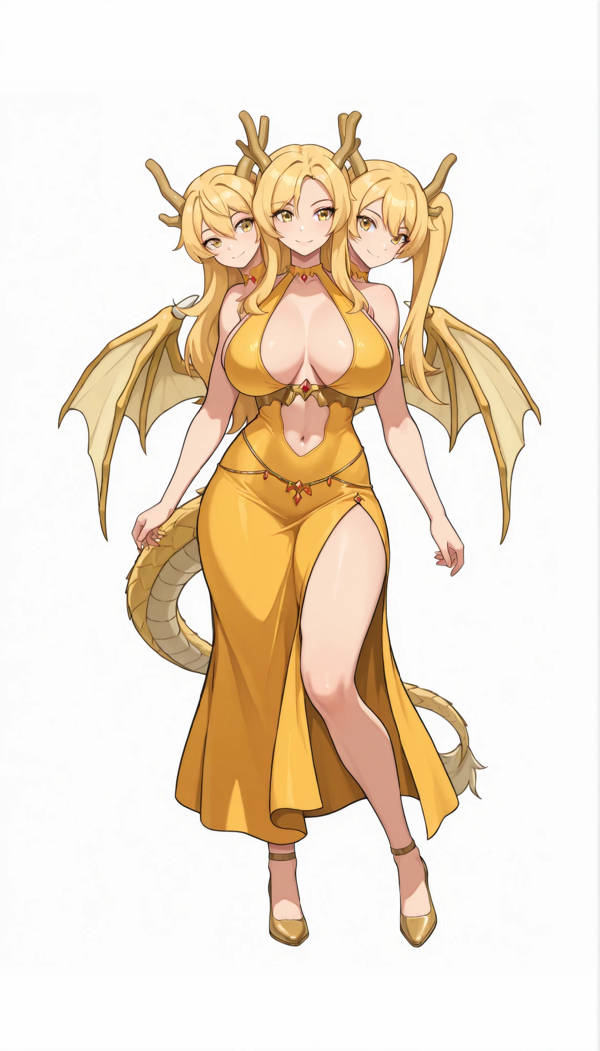 (masterpiece) , (ultra-detailed) , (high quality) , (high resolution) , (best quality:1 . 5 , highres , UHD) , highres , absurdo , ultra detail , ultra quality , Ultra resolution , 16k ,anime girl with three heads, (long blond hair), yellow eyes, yellow dragon girl costume, simple yellow dress, bare arms and shoulders, full body, midriff, broad shoulders, Halter Vest with Sexy Hollow Open Chest, (elegant fantasy dress), sharp looking eyes, large golden dragon wings, smile