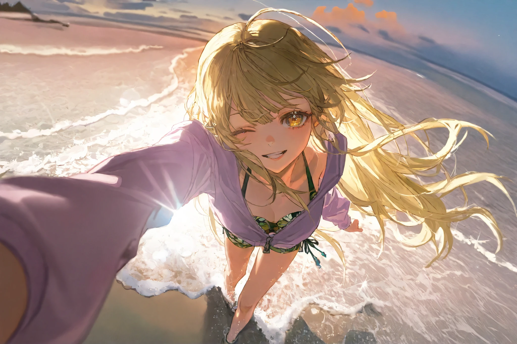 yoyi,(golden eyes,cream Ivory-color pupils,tareme,delicate eyebrows,Thin eyebrows,one eye closed),(lips ajar,parted lips,happy,joyful,innocent),(pure yellow hair,long hair),(halter top bikini:white,light-purple hoodie,cover hair),highres,absurdres,incredibly absurdres,very awa,masterpiece,best quality,amazing quality,absurdres, newest,,weak light,orange dusk,plain beach,white beach,walking on beach,rainy sky,ray tracing,photo background,Visual impact,Emotionalization,impactful picture,fierce gale strong wind sprang up,blowing wind,extreme aesthetic,line art(,rei \(sanbonzakura\):0.8),(ciloranko:0.7),(artist:quasarcake:0.8),(wlop:0.7),extreme aesthetic,(quasarcake:0.7),Visual impact,ultra-high resolution,32K UHD,unconventional supreme masterpiece,masterful details,masterful details,intricate details,high contrast,natural skin,official art,wide-angle shot,Ultra-wide-angle shot,Ultra-wide-angle lens,Ultra-wide-angle photography,in the style of fashion photography,shot from above,stretching out