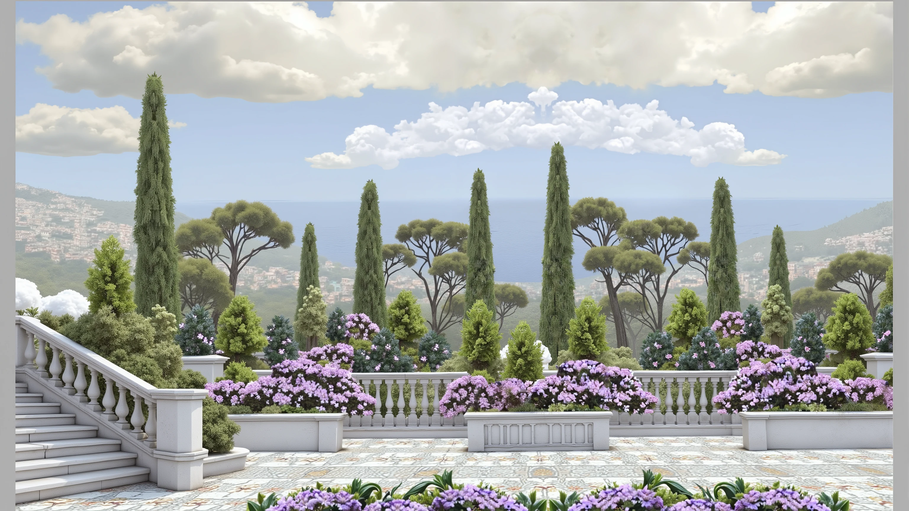 Subtropical waterfront, tiled surface, classic balusters, cypresses and sprawling bushes with pink flowers.
