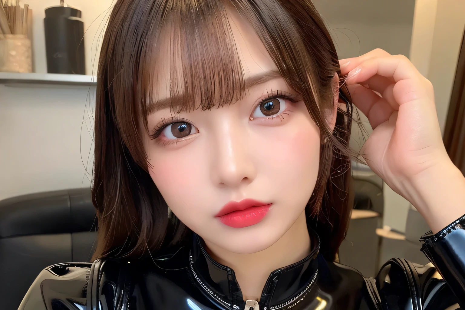 extreme close-up、cheek、 high res、 bright hair color、Beautiful eyelashes、20 years old、 top quality 、 very detailed、 delicate details without lighting、8K wallpaper、 beautiful eyes in every detail、 Natural Lip Color、long hair、straight hair、 cute face、 Ultra Fine、Leather catsuit costume、Tight costumes、zipper、masterpiece, , emphasizes 、 from your hand and direct your gaze, 、、patent leather costume、 from your hand and direct your gaze,Cute room、 girl's room、 costume、 big eyes、 cutout、zipper、bedroom、Looking up、 、 squeeze、 stick out