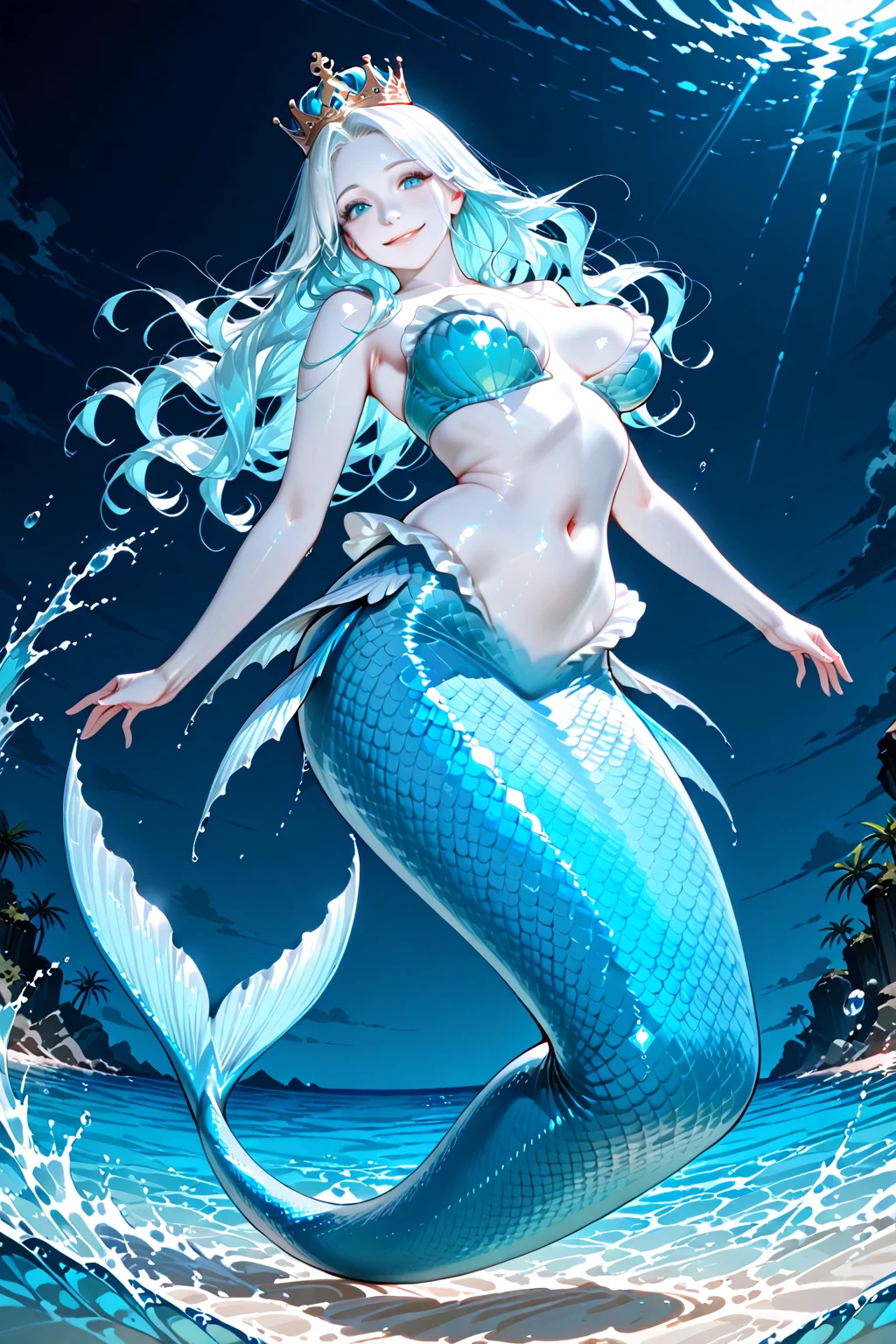 handsome girl，blue-eyes，blue pupils，Long blue hair，Hyperresolution，accuracy，Detailed rendering，（Subtle facial image）（Image of fine hair）（topquality）（Masterpieces of masters）（High degree of completeness）（A sense of atmosphere）tmasterpiece，Super detailed and super detailed（half-body portrait), long wavy blue hair, merfolk, , in water, (((tHICK WAVY HAIR)))(((ANKLE LENGTH HAIR)))(((naked)))(((Blushing)))(((Huge breasts)))(((LARGER ))) , bigger breasts.(((Mermaid ears)))