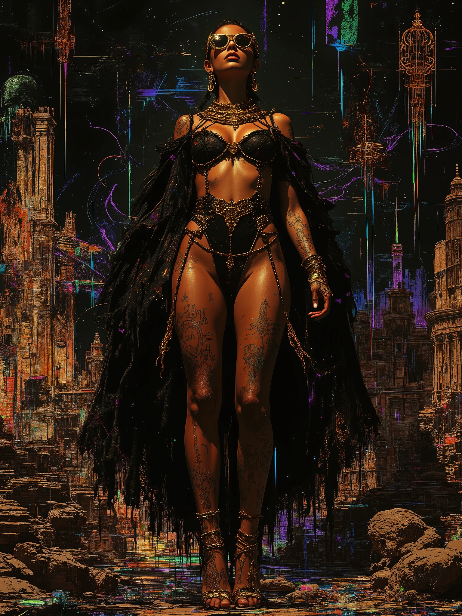 In the style of Neon glitch mosaic surrealism, we see a photo-realistic bizarre portrait of a beautiful, and Charismatic caucasian half black lady of mixed heritage bearing a large gap toothed infectious smile between dimpled cheeks, graceful yet an outcast, radiating an eldritch aura and mysterious supernatural power. Her deep light golden-brown caramel skin glows with lifelike detail. She stands in a wild avant garde black and gold dress with a skirt that ends at her thighs thats very low cut and nuanced, in a theatrical pose, eyeglasses of superb make that are in a golden and black frame, large round expressive dark eyes, gap-toothed beguiling smile, exuding otherworldly energy. Her form: petite upper body, medium 32C natural breasts, powerful larger arms, trim waist, dramatically wide hips, large round ass, robust long legs. Tattooed script of loved ones on arms and chest; unfinished bowtie tattoos on thick thighs. Around her, swirling tendrils of shadow and iridescent light evoke an ancient cosmic power, casting ethereal light and mysterious symbols. In the somber, moody background, crumbling ancient wonders and modern facades meld in cool tones, surreal textures, gothic opulence and bold dramatic lighting. Intricate, high-fashion details inspired by McQueen, Mugler, and Gaultier. She is enveloped in a haunting, melancholic glamour—chosen, enchanting, blending history, futurism, and eldritch magic in a cinematic ArtStation illustration.