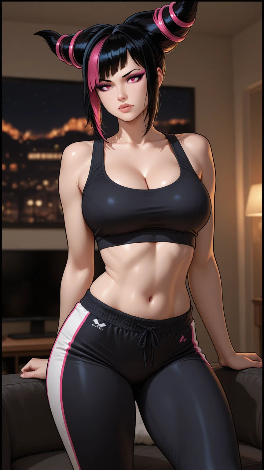 ((Best quality, 8k, Masterpiece :1.3)), 1girl, beautiful woman with emphasis on thin abs: 1.3, (casual hairstyle, ?????????????: 1.2), casual wear: 1.2, interior, ultra-detailed face, delicate eyes, double eyelids, soft and exposed ???????, smile, exposed neckline