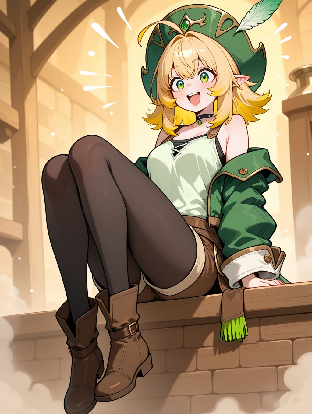 masterpiece, best quality, animated ashley graham, green eyes, red neckkerchief, orange jacket, orange sweater, green , no , looking at viewer, large breasts, sitting, barrel, sitting on barrel, indoors, boots, opening legs, showing , seduction,  look