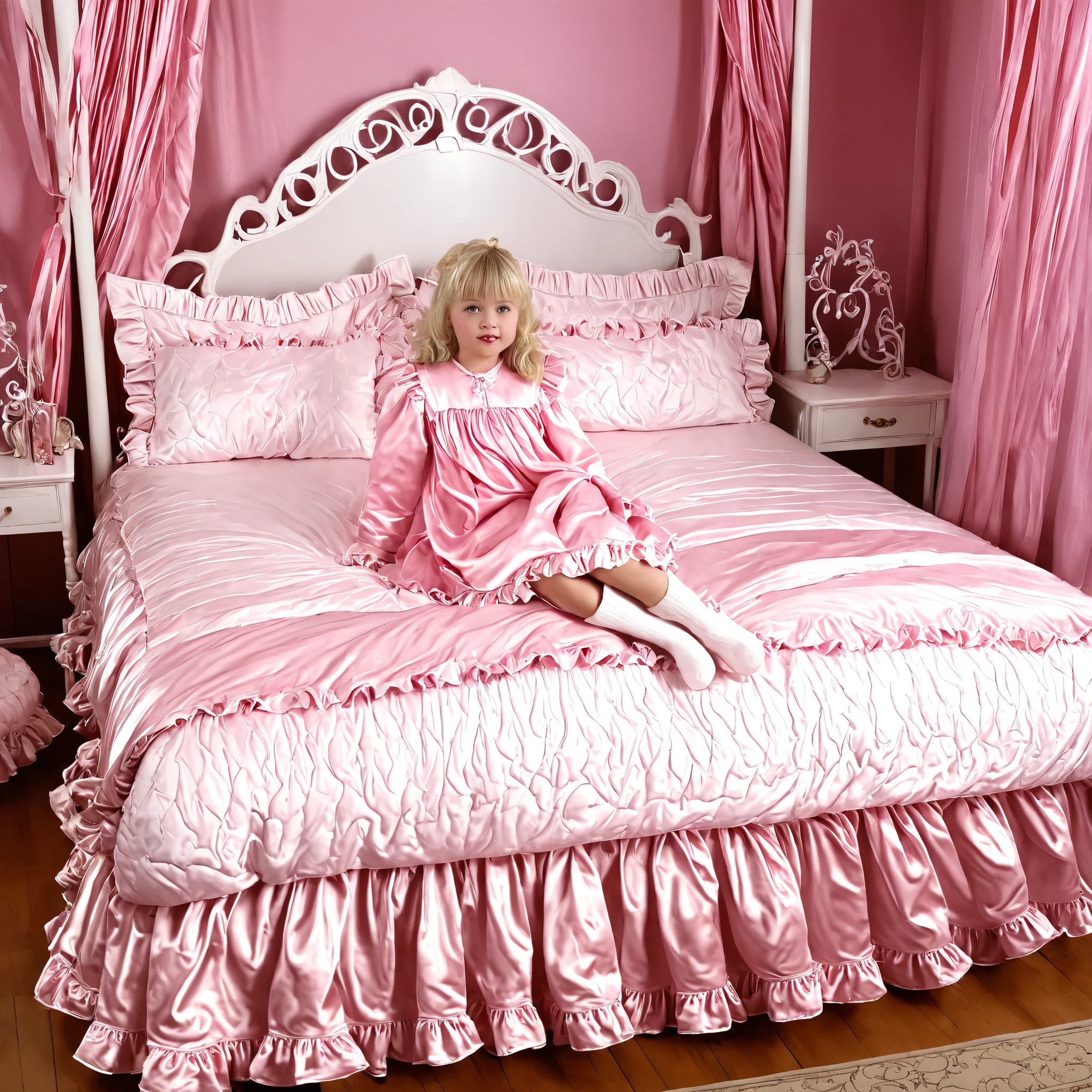 ((big bedの上のかわいい女の子)),((Childhood )),((Little Girl)),short,((white Americans, long blonde,detailed faces)),cute face,plump quilted pink silk satin nightgown,((lots of frills and ribbon decorations)),long sleeve,ruffle sleeve, ((frill long skirt:1.0)),white socks,big bed、comes with lots of pink silk satin cushions,pink cute canopy bed , ,four-poster canopy bed,King Size Bed,big bed,pink silk satin ruffle plump quilt pillow,More pillows, pink quilted silk satin soft comforter,round plump comforter,Ruffled lace silk.retro white pipe bed frame, realistic on pho,((Out of frame bigger King Size Bed:1.2)), silk satin curtain on the bed with frills ,