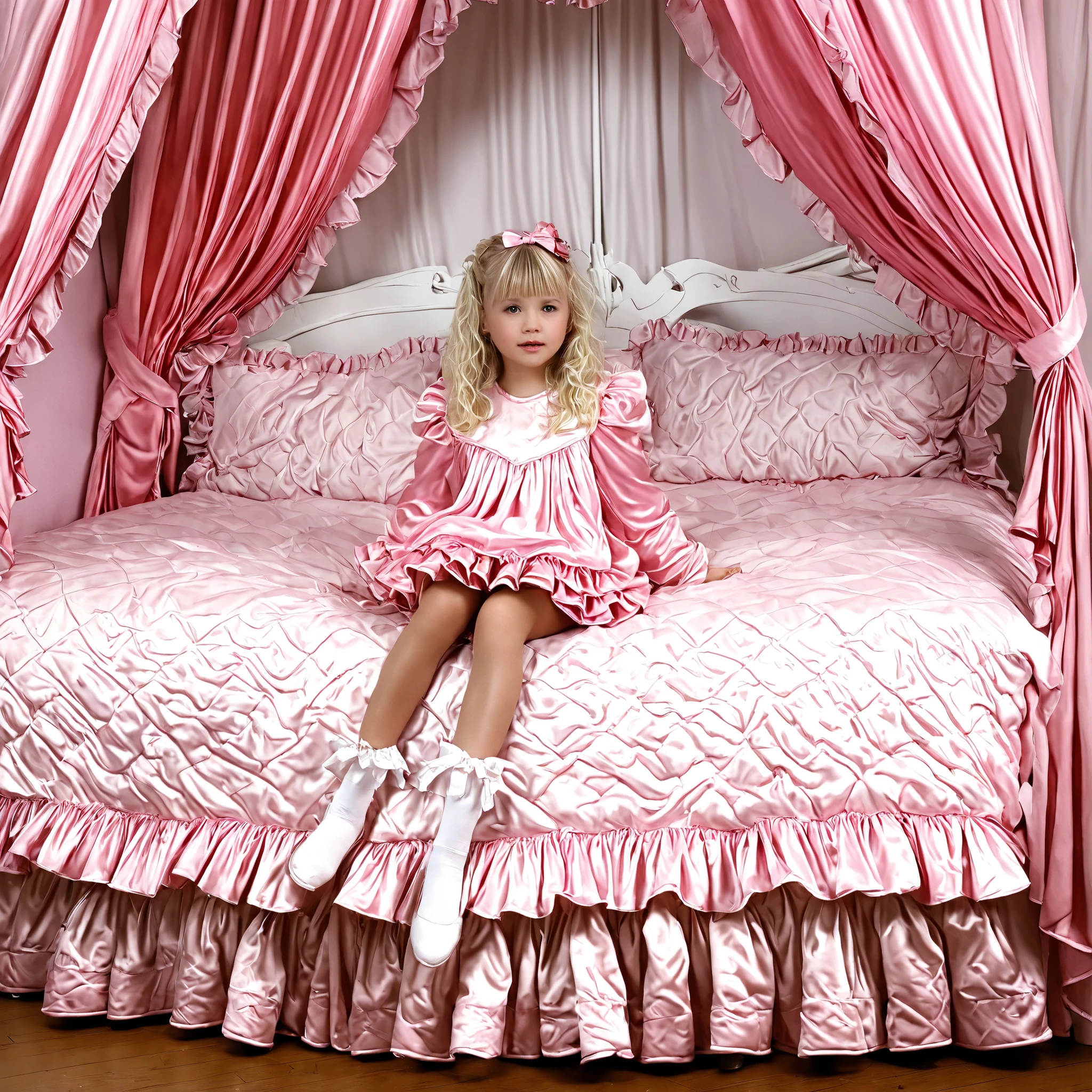 ((big bedの上のかわいい女の子)),((Childhood )),((Little Girl)),short,((white Americans, long blonde,detailed faces)),cute face,plump quilted pink silk satin nightgown,((lots of frills and ribbon decorations)),long sleeve,ruffle sleeve, ((frill long skirt:1.0)),white socks,big bed、comes with lots of pink silk satin cushions,pink cute canopy bed , ,four-poster canopy bed,King Size Bed,big bed,pink silk satin ruffle plump quilt pillow,More pillows, pink quilted silk satin soft comforter,round plump comforter,Ruffled lace silk.retro white pipe bed frame, realistic on pho,((Out of frame bigger King Size Bed:1.2)), silk satin curtain on the bed with frills ,