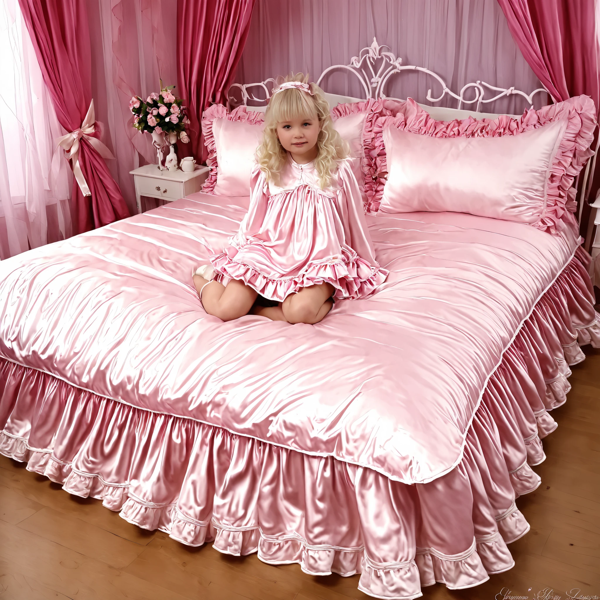 ((big bedの上のかわいい女の子)),((Childhood )),((Little Girl)),short,((white Americans, long blonde,detailed faces)),cute face,plump quilted pink silk satin nightgown,((lots of frills and ribbon decorations)),long sleeve,ruffle sleeve, ((frill long skirt:1.0)),white socks,big bed、comes with lots of pink silk satin cushions,pink cute canopy bed , ,four-poster canopy bed,King Size Bed,big bed,pink silk satin ruffle plump quilt pillow,More pillows, pink quilted silk satin soft comforter,round plump comforter,Ruffled lace silk.retro white pipe bed frame, realistic on pho,((Out of frame bigger King Size Bed:1.2)), silk satin curtain on the bed with frills ,