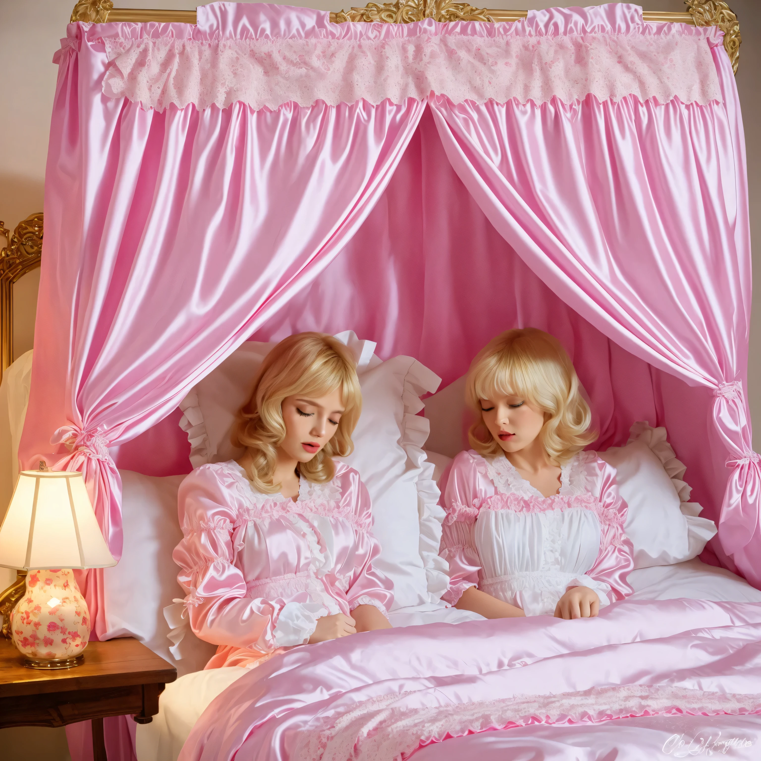 ((big bedの上のかわいい女の子)),((Childhood )),((Little Girl)),short,((white Americans, long blonde,detailed faces)),cute face,plump quilted pink silk satin nightgown,((lots of frills and ribbon decorations)),long sleeve,ruffle sleeve, ((frill long skirt:1.0)),white socks,big bed、comes with lots of pink silk satin cushions,pink cute canopy bed  , ,four-poster canopy bed,King Size Bed,big bed,pink silk satin ruffle plump quilt pillow,More pillows,  pink quilted silk satin soft comforter,round plump comforter,Ruffled lace silk.retro white pipe bed frame, realistic on pho,((Out of frame bigger King Size Bed:1.2)), silk satin curtain on the bed with frills ,