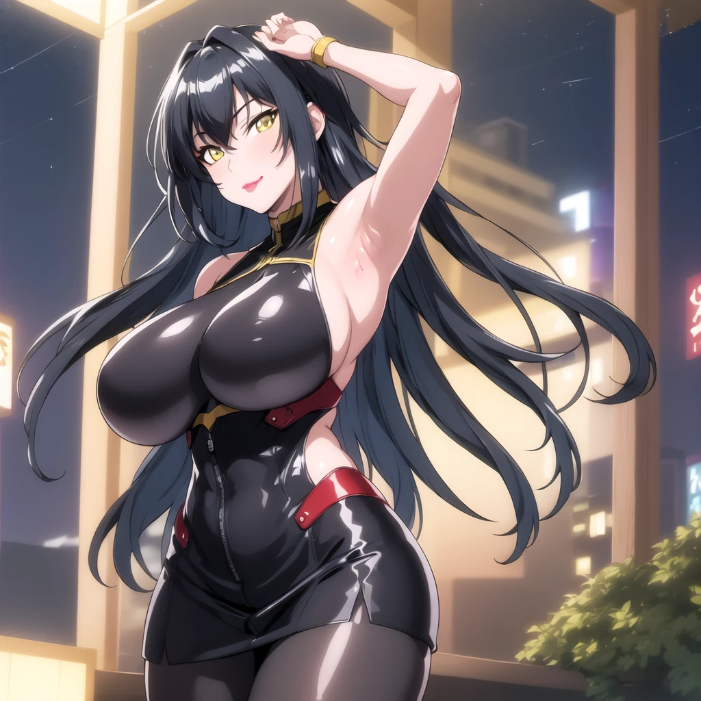 professional artwork, Intricate Details, field of view, sharp focus, detailed painting, photorealistic lighting, trending on pixiv, Standing at attention, black outfit ,yellow collared shirt,black and red bodysuit,skin_tight,black legwear, black pantyhose, Side_boob, black hair,very long hair, Bangs,yellow eyes,makeup, lipstick, 20yo,mature female,Beautiful Finger,Beautiful long legs,Beautiful body,Beautiful Nose,Beautiful character design, perfect eyes, perfect face, looking at viewer, NSFW,official art,extremely detailed CG unity 8k wallpaper, perfect lighting,Colorful, Bright_Front_face_Lighting, (masterpiece:1.0),(best_quality:1.0), ultra high res,4K,ultra-detailed, photography, 8K, HDR, highres, absurdres:1.2, Kodak portra 400, film grain, blurry background, bokeh:1.2, lens flare, (vibrant_color:1.2) (Beautiful,large_Breasts:1.4), (beautiful_face:1.5),(narrow_waist), (solo:1.4), ((landscape dimension))