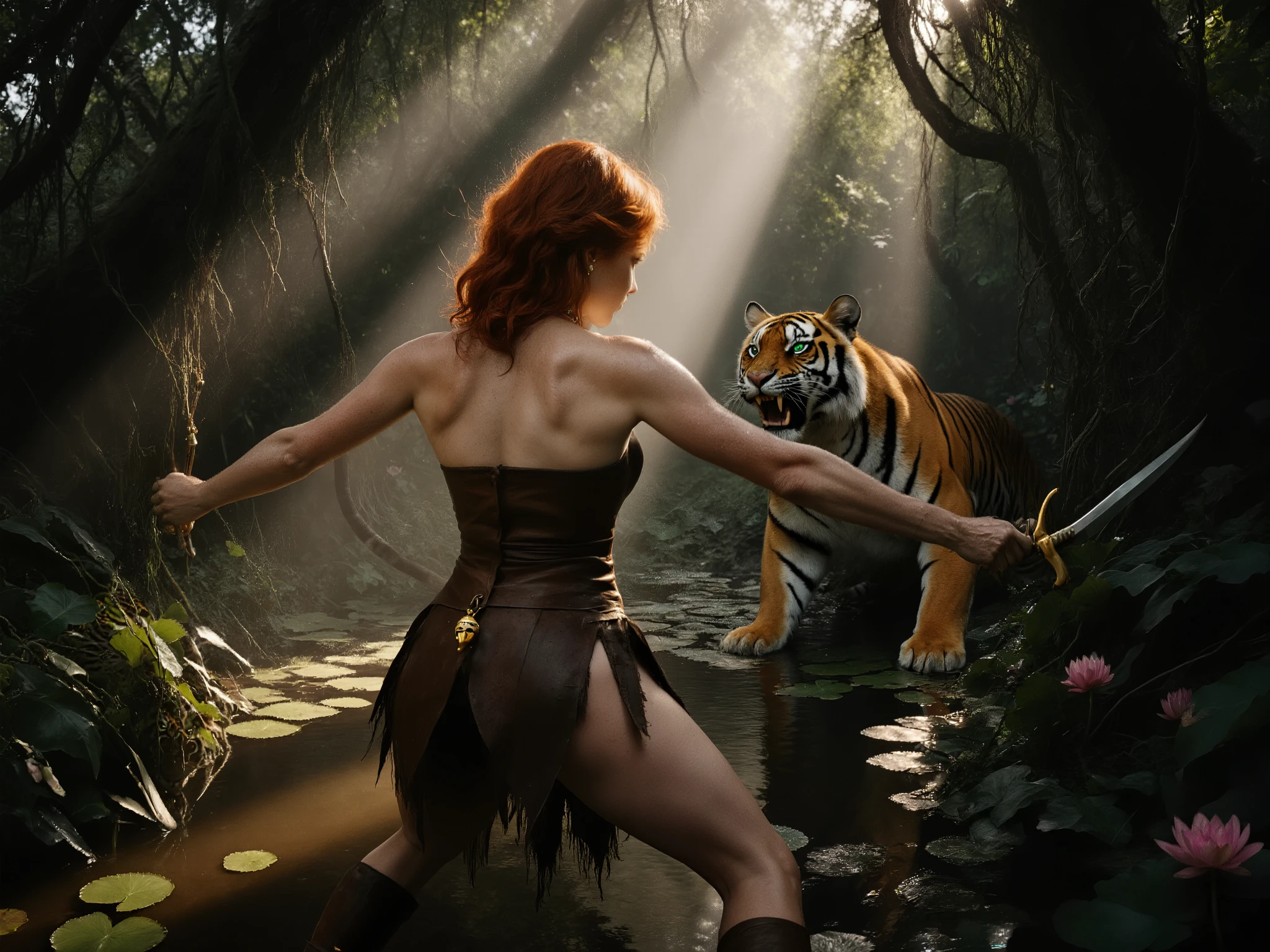 An ultra realistic photograph captures a tense, primal standoff in the heart of a dense, mist-shrouded jungle. Saffron, A busty red-haired woman, her bronzed skin glistening with sweat, stands poised in a wide, balanced stance, with her back to the camera at an angle, highlighting her alluring curves including her ample sidebust, nipples and breasts. She’s clad only in a worn leather loincloth, its edges frayed, adorned with a small golden charm shaped like a bell that sways slightly with her movement. Her toned arms and shoulders ripple with tension as she grips a jagged, bone-handled dagger, its blade catching the dappled sunlight filtering through the canopy.
Opposite her, a massive Bengal tiger, its orange and black stripes vivid against the shadows, emerges from the thick, tangled foliage. Its glowing green eyes lock onto her, teeth bared in a fearsome snarl, muscles coiled to pounce. The tiger’s tail flicks impatiently, stirring the humid, heavy air.
The jungle environment is lush and oppressive—dark, twisting vines hang like curtains, while the murky, still water below is dotted with lily pads and blooming lotus flowers. The background dissolves into a misty, ethereal glow, where sunbeams pierce the gloom, casting sharp contrasts between light and shadow. The photography style is cinematic and immersive, with razor-sharp focus on the woman’s tense posture and the tiger’s predatory intensity, while the surroundings blur into a moody, atmospheric haze. The colors are rich and natural—earthy greens, deep ambers, and inky blacks—creating a visceral, heart-pounding moment frozen in time.
