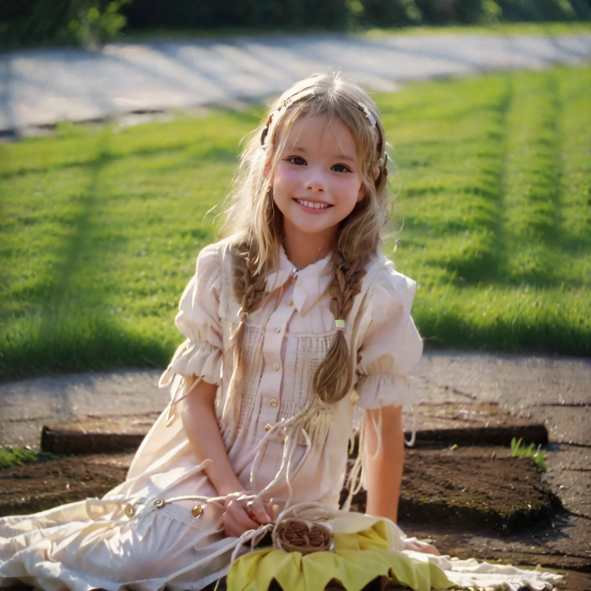 top quality, masterpiece, Highest Resolution, art work, super それにget used to it, many get used to it, get used to it, それにget used to it, 3k photos,((American girls from the 1970s,blonde long hair)),Smile Yan,Model,((10 years old)),,((Full Body,Distant view:1.0)),